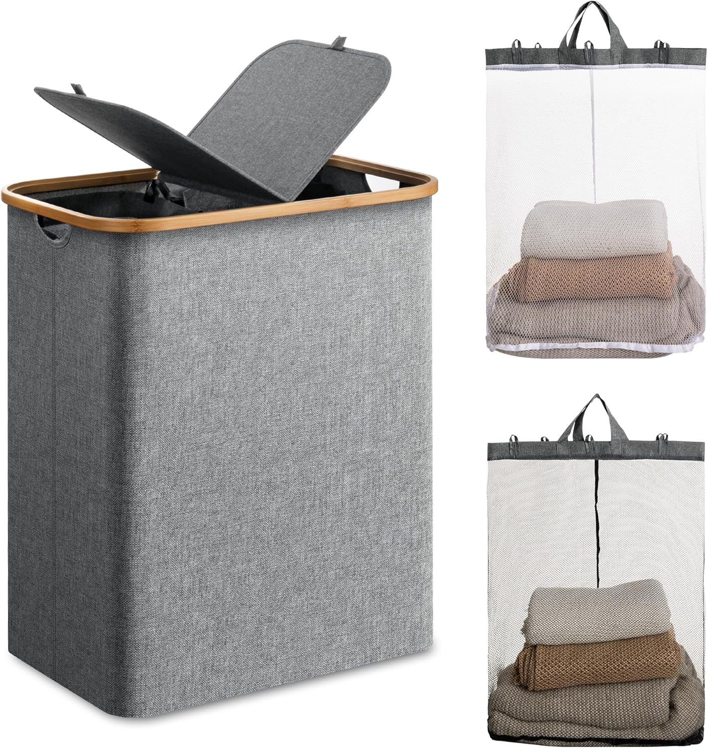 hblife 145l extra large double laundry hamper with lid and removable inner bag, 2 section collapsible dirty clothes basket organizer for bathroom, bedroom and laundry room, grey