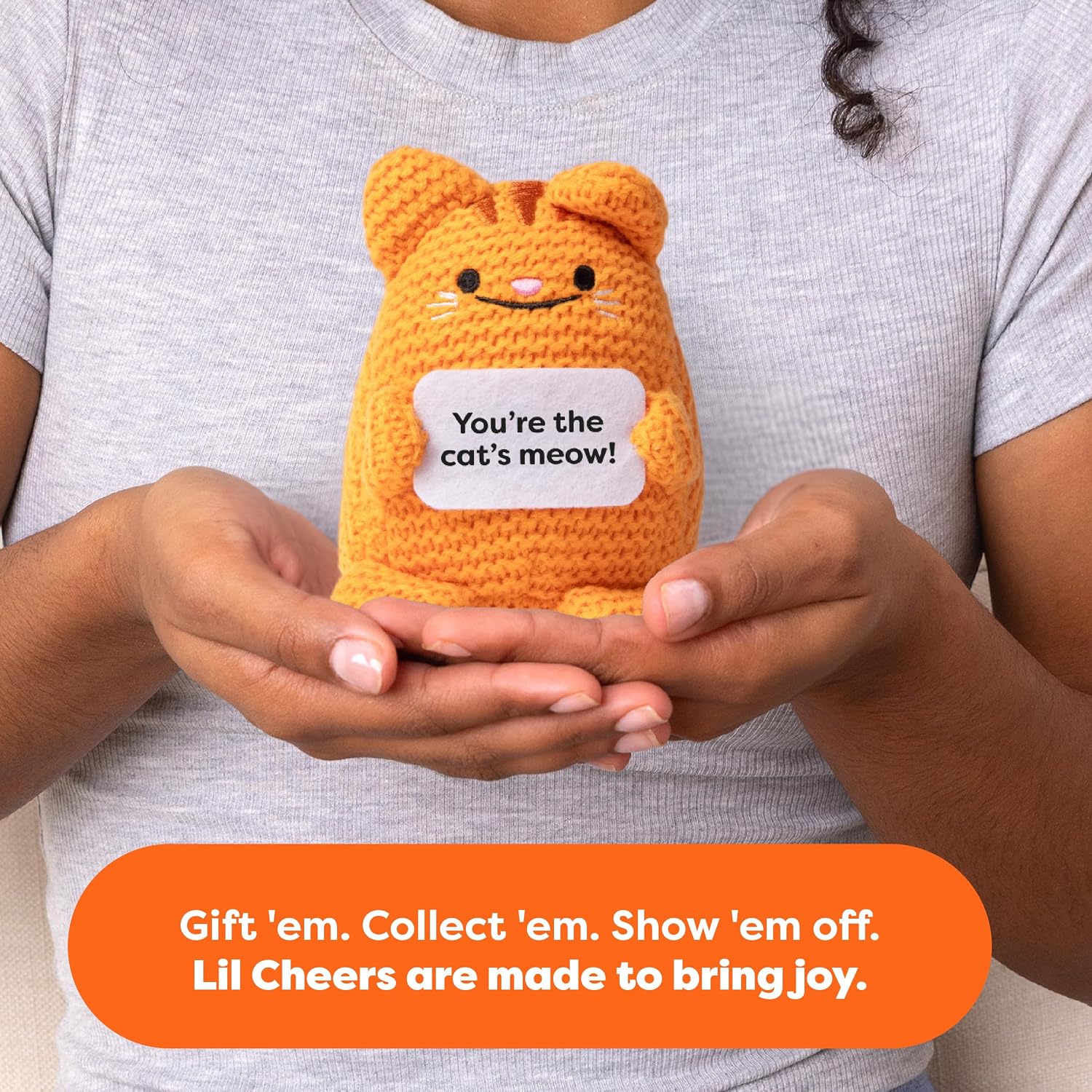 Lil Cheers Cat by Relatable – Small Gift Crochet Plush with Motivational Sign, Cute Classroom & Office Desk Accessories — Includes 1 Cat Plush image 4