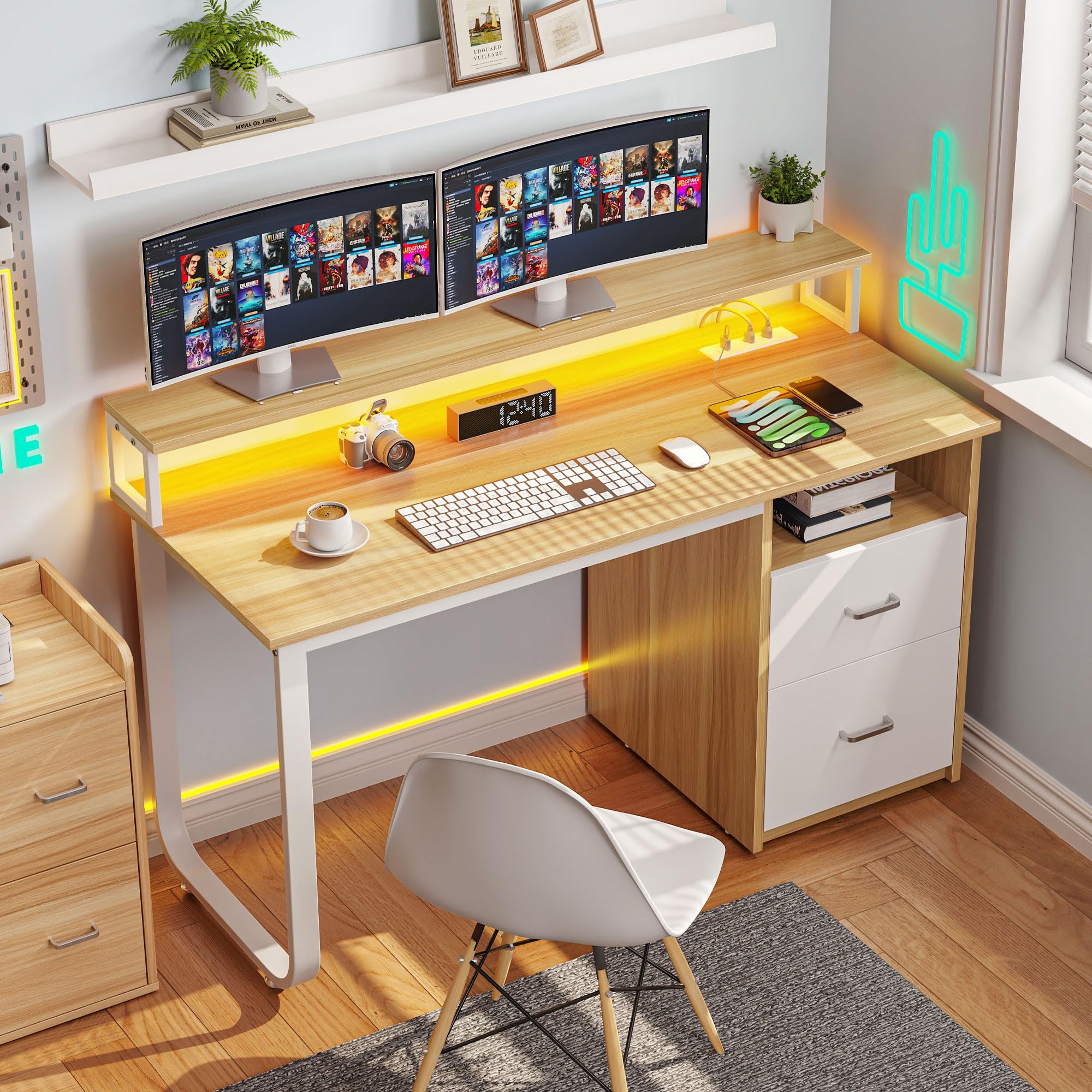 YITAHOME Computer Desk with Drawers, 47.2" Office Desk with Power Outlets & LED Light, Home Office Desk with Storage Shelves, Wood Grain