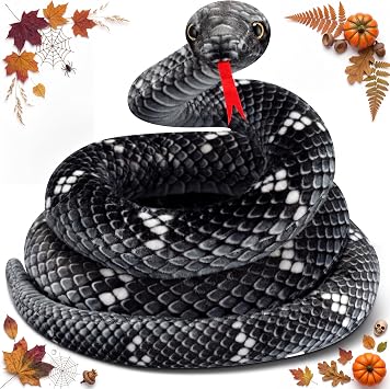 Hiboom Giant Snake Plush Large Animal Realistic Plush Toy Lifelike Snake Toy Birthday Party Decoration Easter Carnival Prank Props 71", Black, Grey