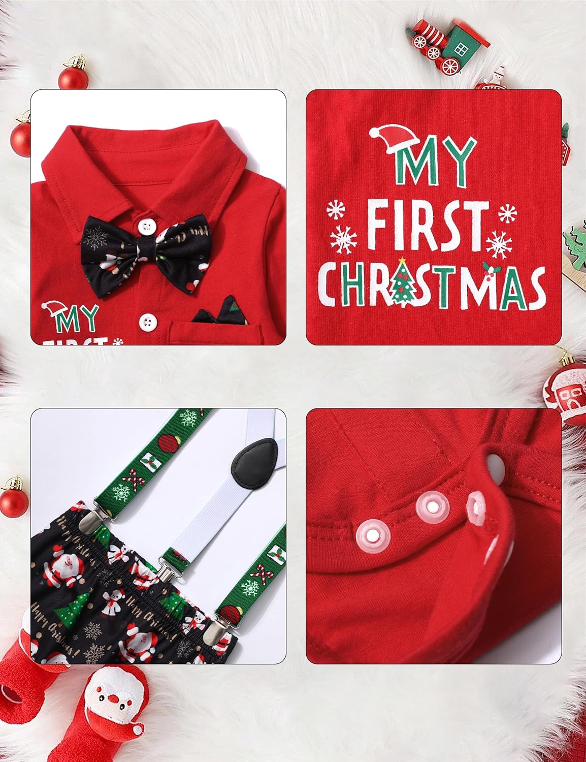AGAPENG Baby Boy Christmas Outfit My First Christmas Infant Gentleman Romper with Bow Tie Suspender Pants Hat 3PCS Set