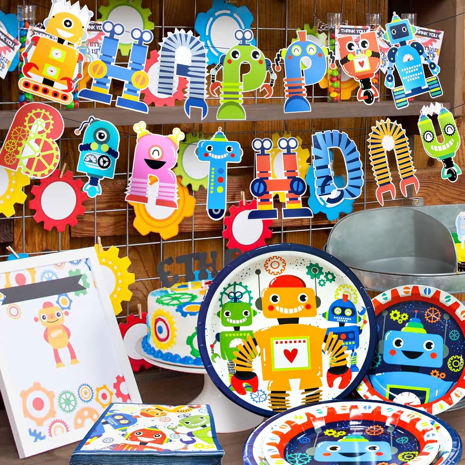 LaVenty Robot Birthday Party Pack - 34 Piece Set Including Banner, Plates, Napkins & Decorations