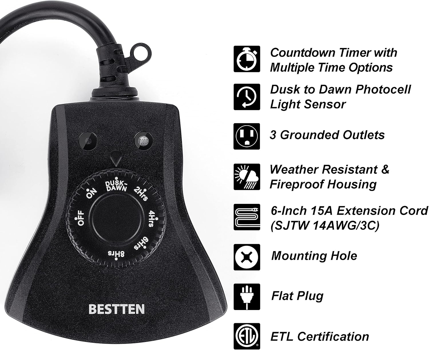[2 Pack] BESTTEN Outdoor Weatherproof Timer Outlet with Photocell Light Sensor, 3 Grounded Outlets, Dusk to Dawn and Countdown Timer, ETL Certified, Black