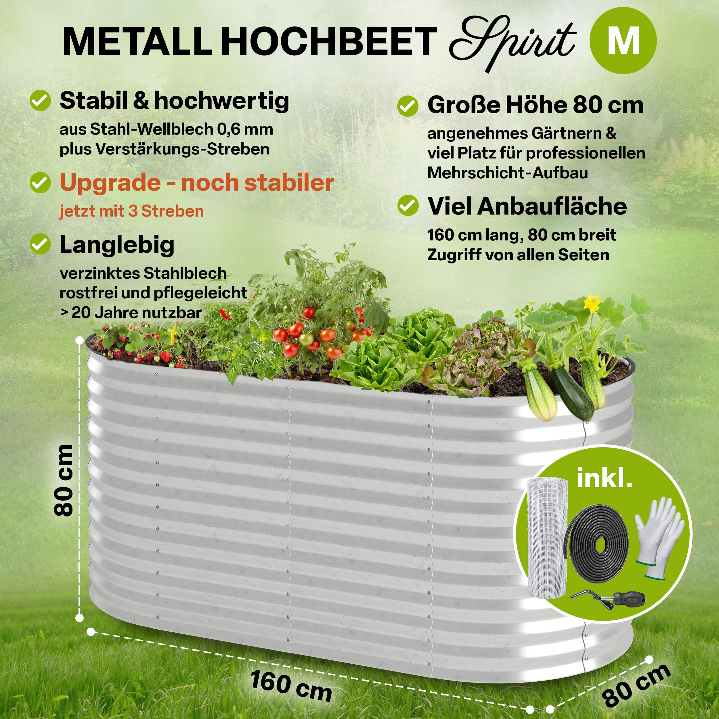 TTL GARDEN 160x80x80cm Spirit M Metall Hochbeet Silber - Stahl rostfrei verzinkt Wellblech ovale Form groß sehr stabil & wetterfest Garten Beet für Gemüse Kräuter Blumen Gartenbeet Gemüsebeet