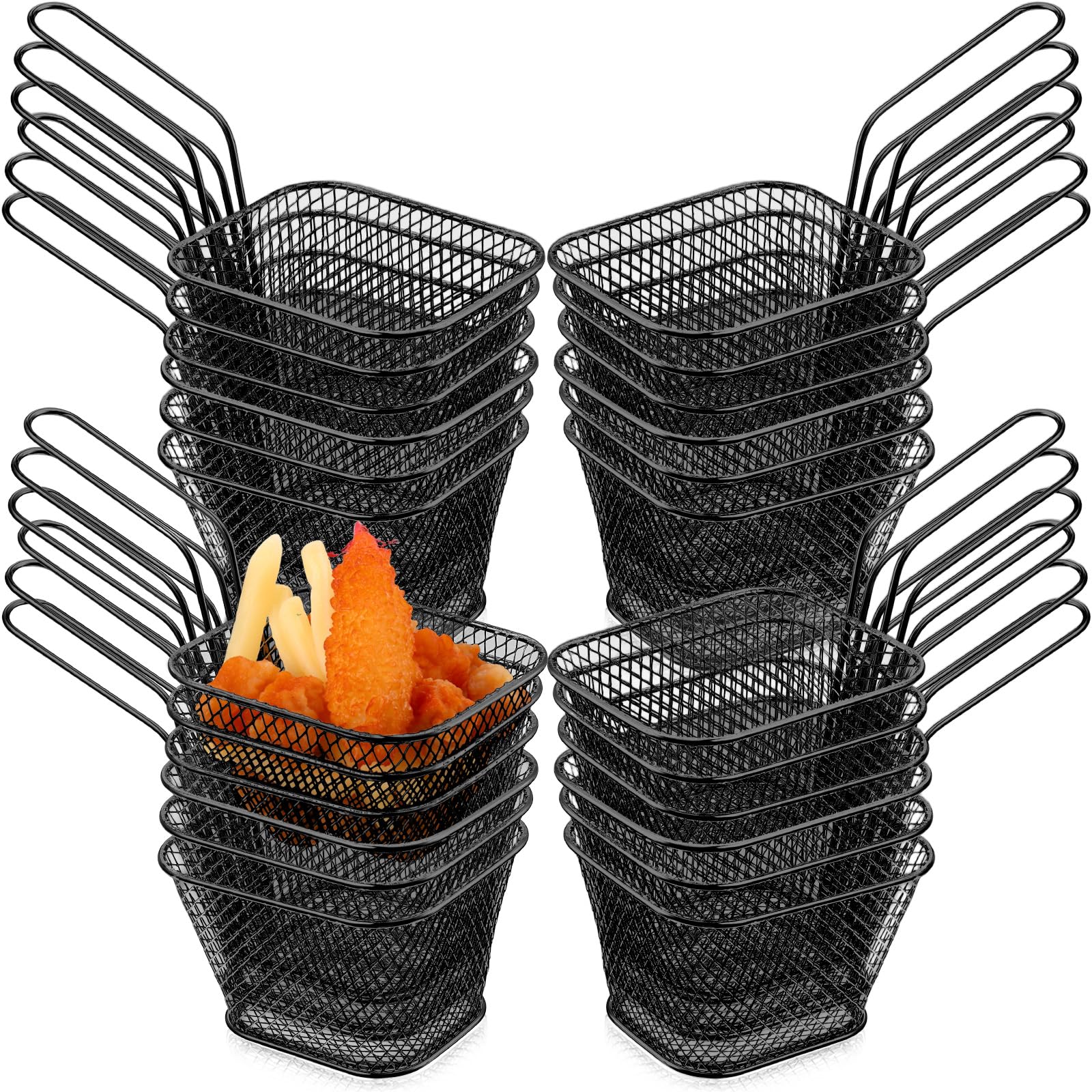 Photo 1 of Potchen 24 Pcs Mini Square Fry Basket Stainless Steel French Fries Holder Deep Fryer Baskets Square Mesh Food Holder with Handle Table Serving Chips Baskets for Kitchen Restaurant Barbecue (Black)