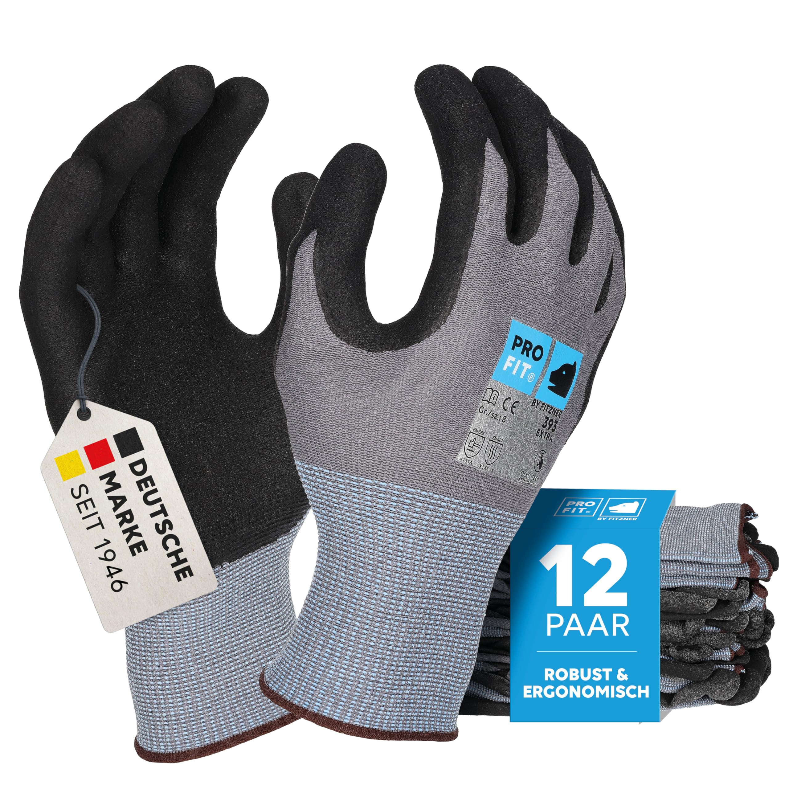 PRO FIT Nitrilschaum-Arbeitshandschuh – 12er Pack, OEKO-TEX Standard 100 zertifiziert, Touchscreen fähig, Montagehandschuh mit neuer ERGO-FIT Passform