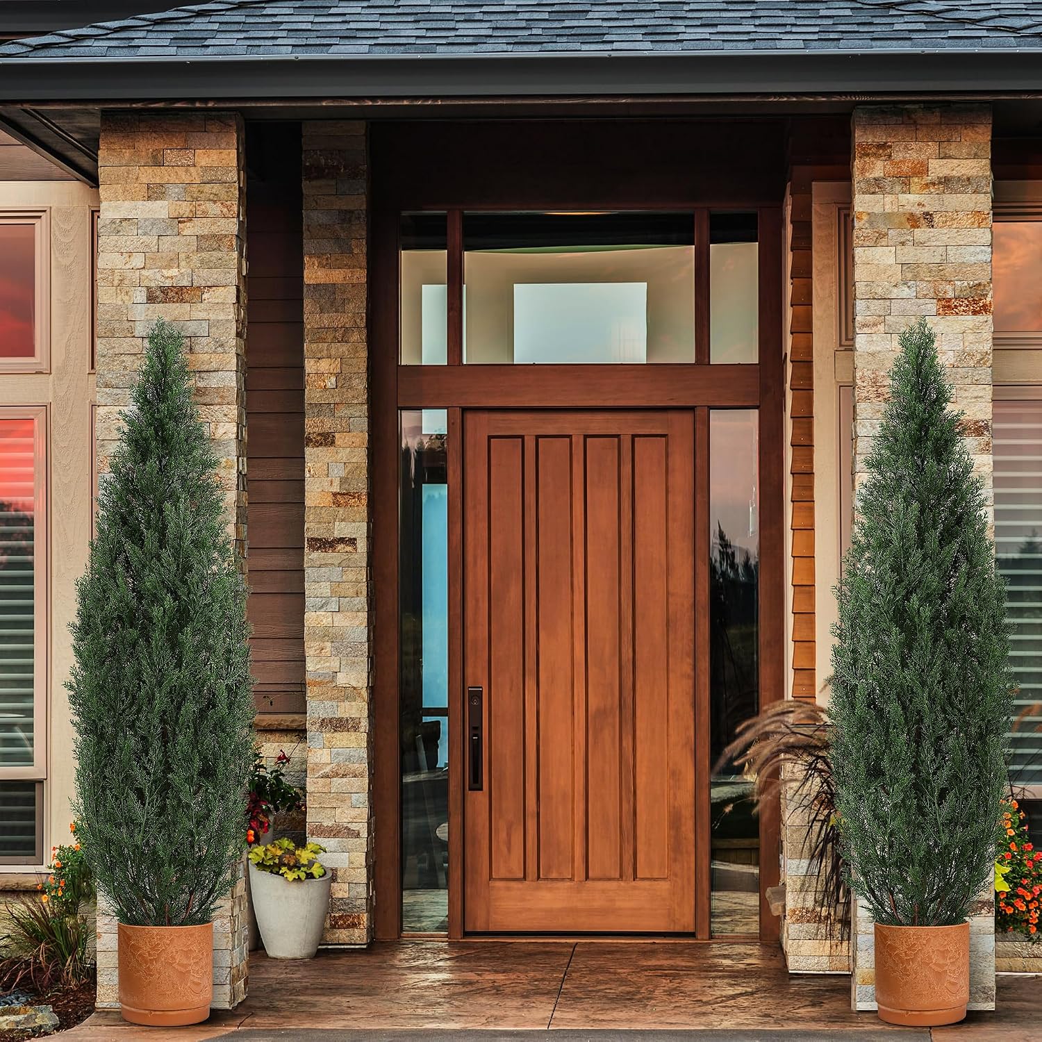 Garvee 5ft Artificial Cedar Topiary Trees for Outdoor, 2-Set Faux Plants Evergreen Fake Pine Cypress Tree with Black Pot, UV Protection for Front Porch Door Home Decor, 2 Pack