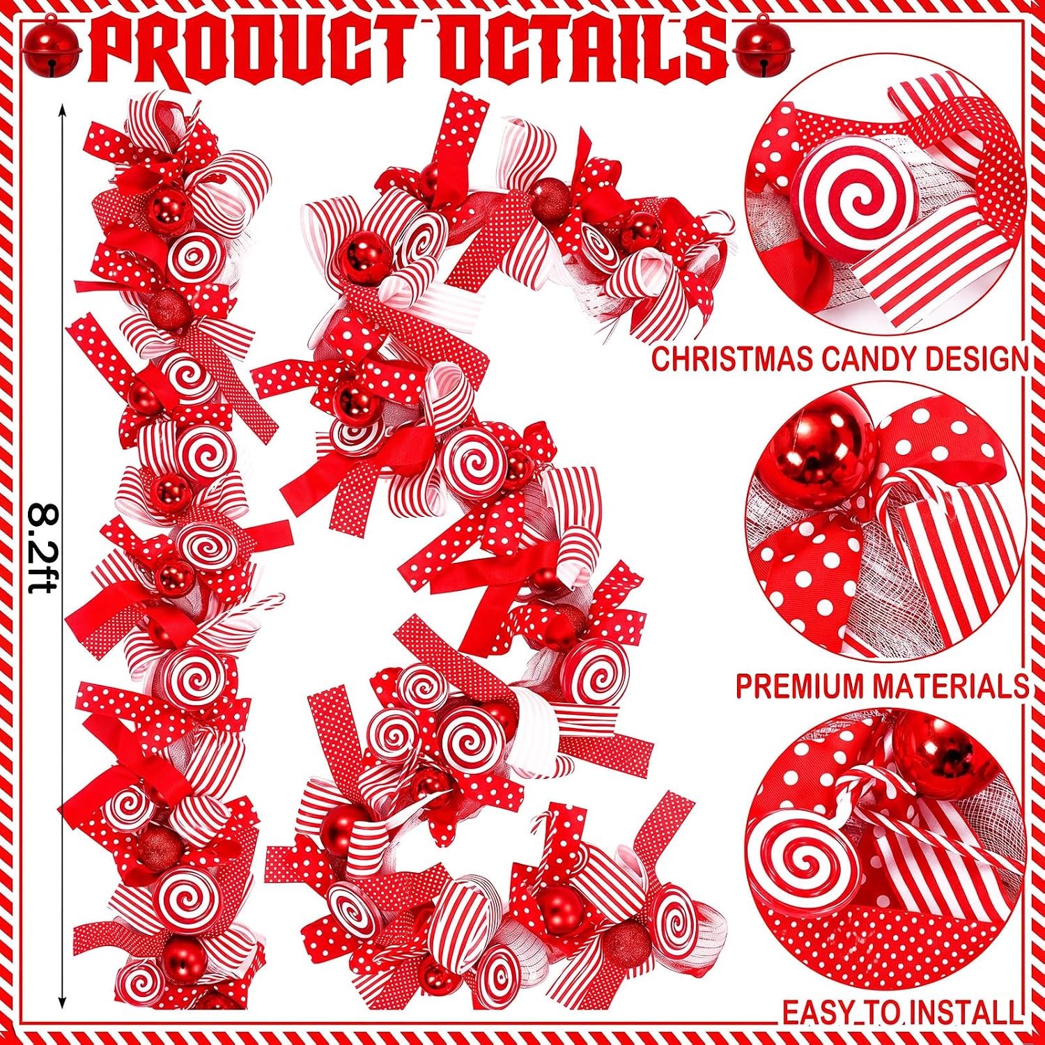 Norme 8.2 ft Christmas Candy Cane Ribbon Garland for Mantel, Red and White