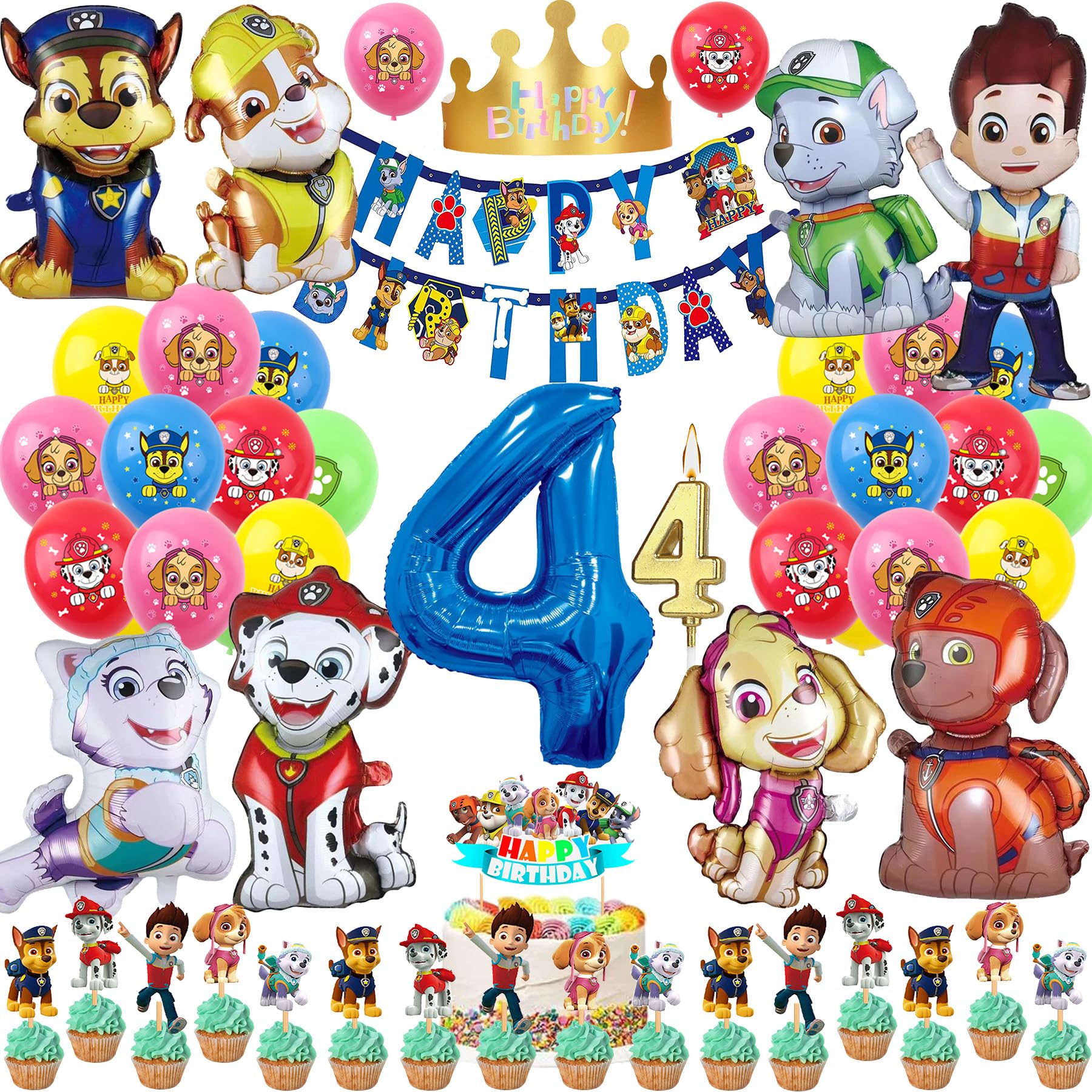 57 Stück 4. Geburtstagsdeko Geburtstag Deko 4 Jahre Jungen Mädchen Party Deko Set Happy Birthday Banner, 9 Großer Folienballons, 20 Latex Ballons, Tortendeko, Kerzen, Geburtstags Mützen (Zahl 4)