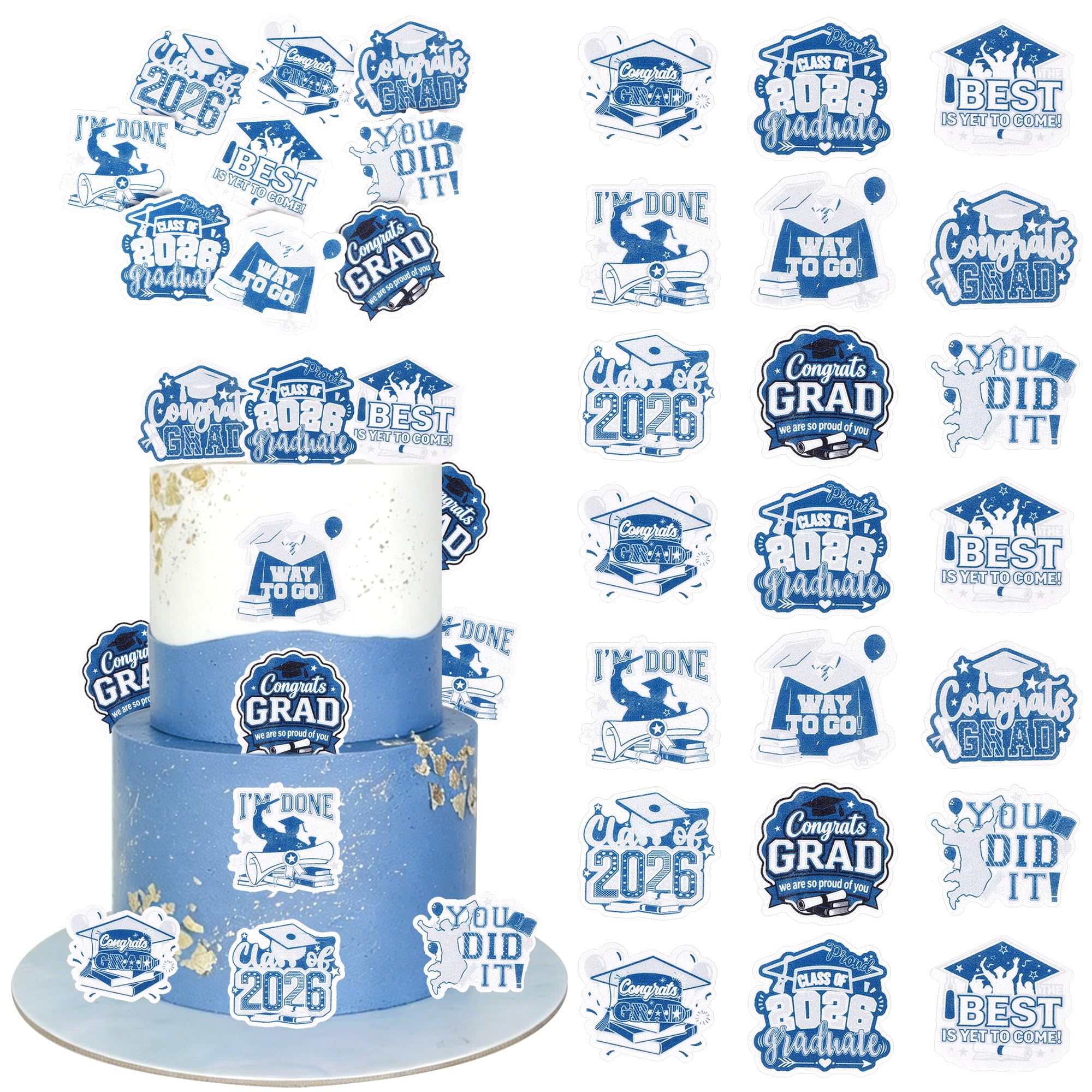 Xsstarmi 63 Pack 2026 Graduation Edible Cupcake Toppers Rice Paper Grad Cap Diploma Decor Picks for Class of 2026 High School College Graduation Party Supplies Light Blue