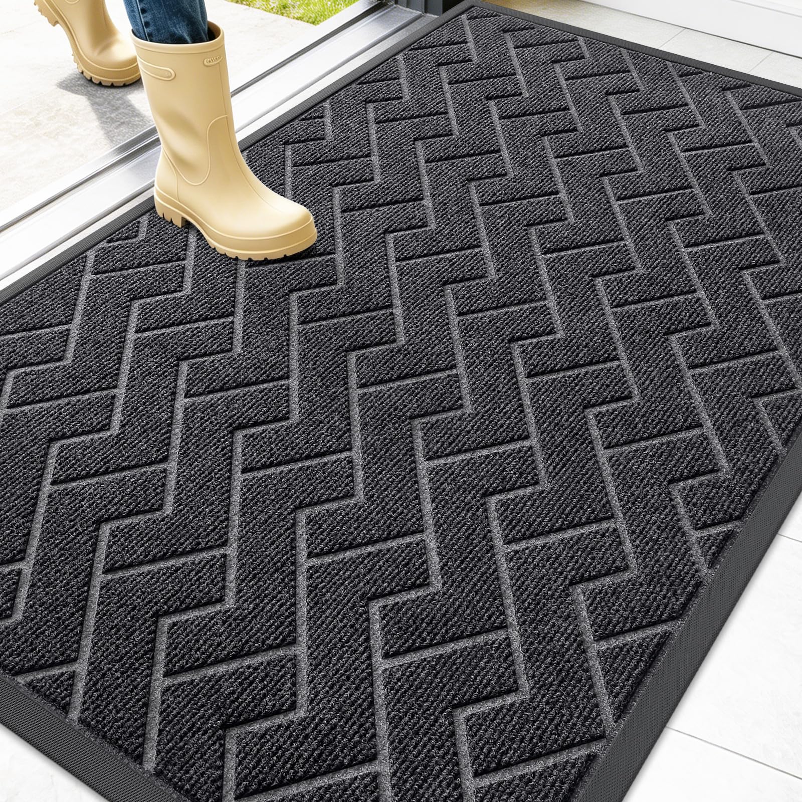 OLANLY Front Door Mat Outside 47x32, All-Season Absorbent Rubber Doormat | Grey, Heavy-Duty, Stain and Fade Resistant, Waterproof Non-Slip Backing, Low-Profile Indoor Outdoor Floor Mat for Entryway
