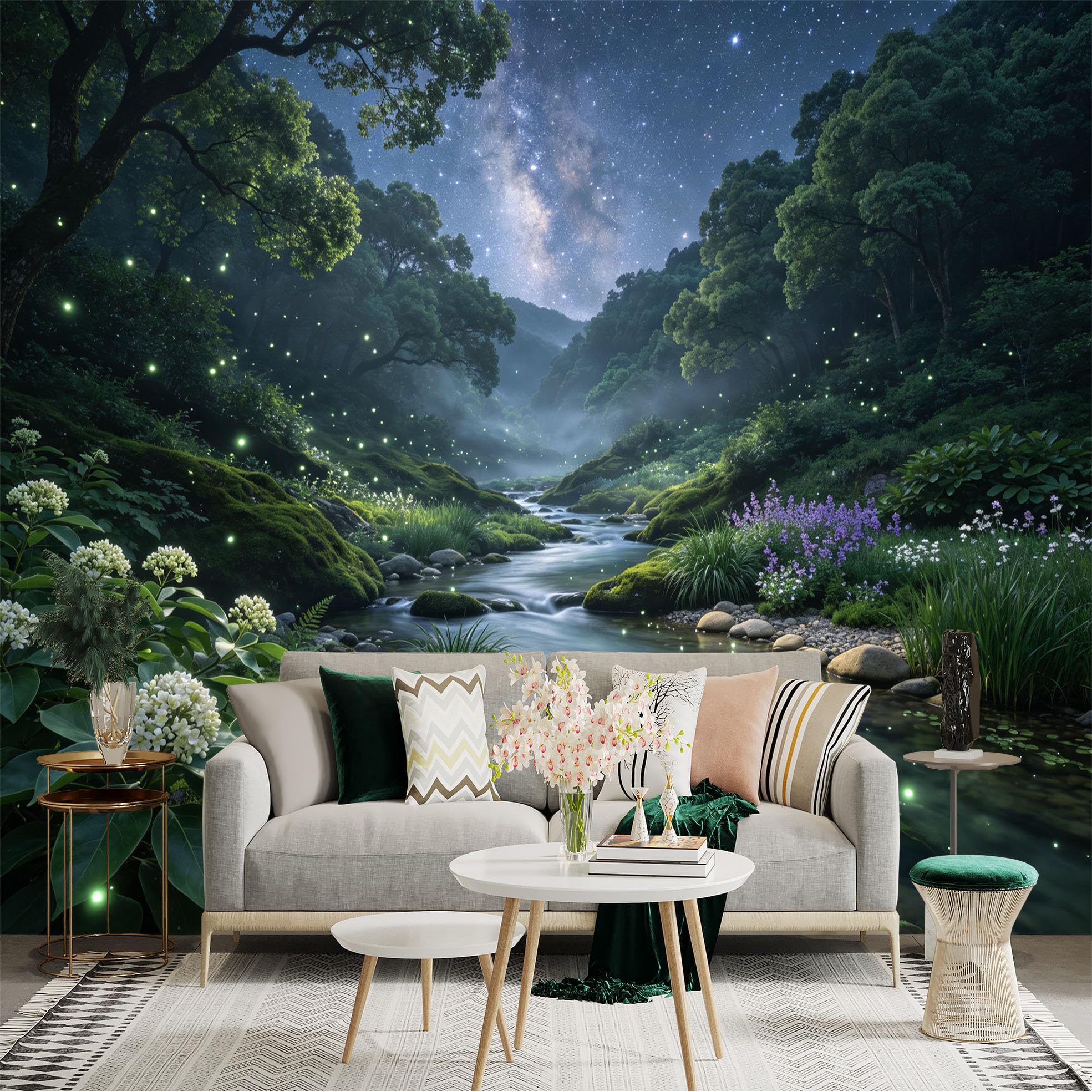 Lnzczhyre Bh260719691 Custom Size Wall Sticker Mural， Enchanted Forest Stream With Fireflies， Milky Way Night Sky， Lush Mossy Landscape， For Wall Decoration， Peelandstick Wall Decals.