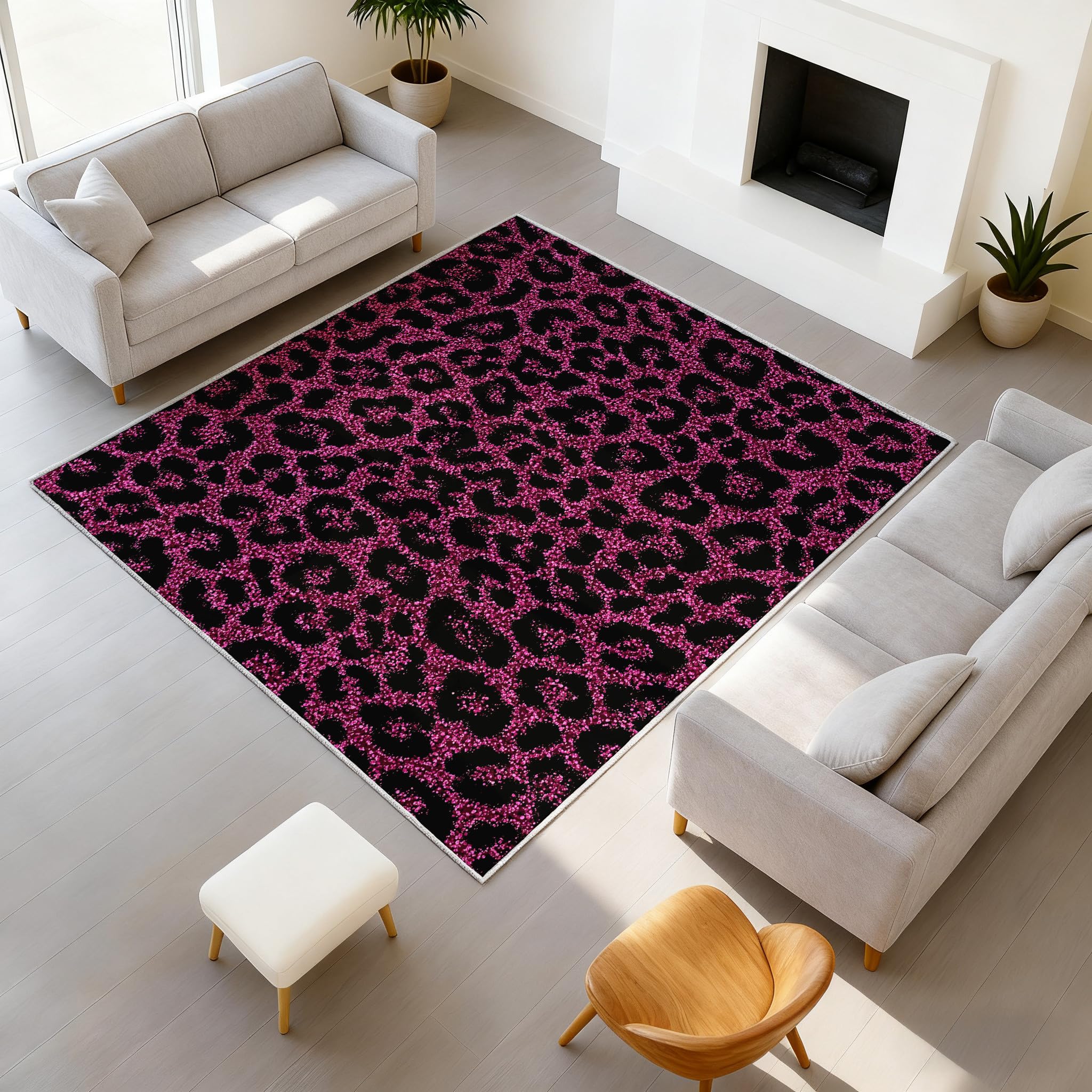 Generico Nowoczesny dywan bardzo miękki 160 x 220 cm, różowy fuksja dywany do pokoju dziecięcego salon przy łóżku, nadruk w panterkę modny romantyczny dywan antypoślizgowy zmywalny