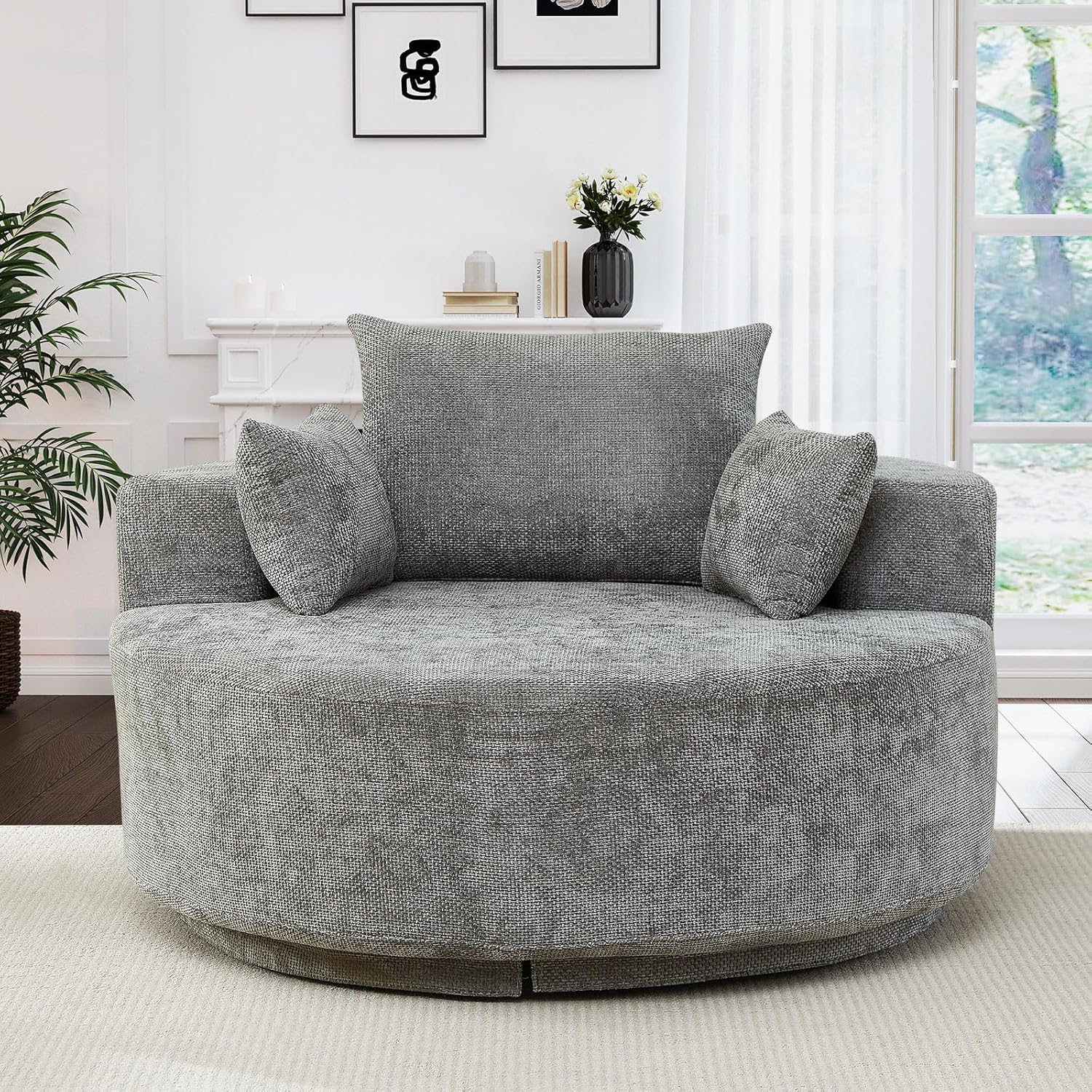 Oversized Round Swivel Chaise Longue Chair Indoor, Modern 55-inch 360 Degree Swivel Upholstered Waffle Chenille Deep Seat Circle Single Cloud Sofa Chair for Living Room Bedroom Apartment Office, Grey