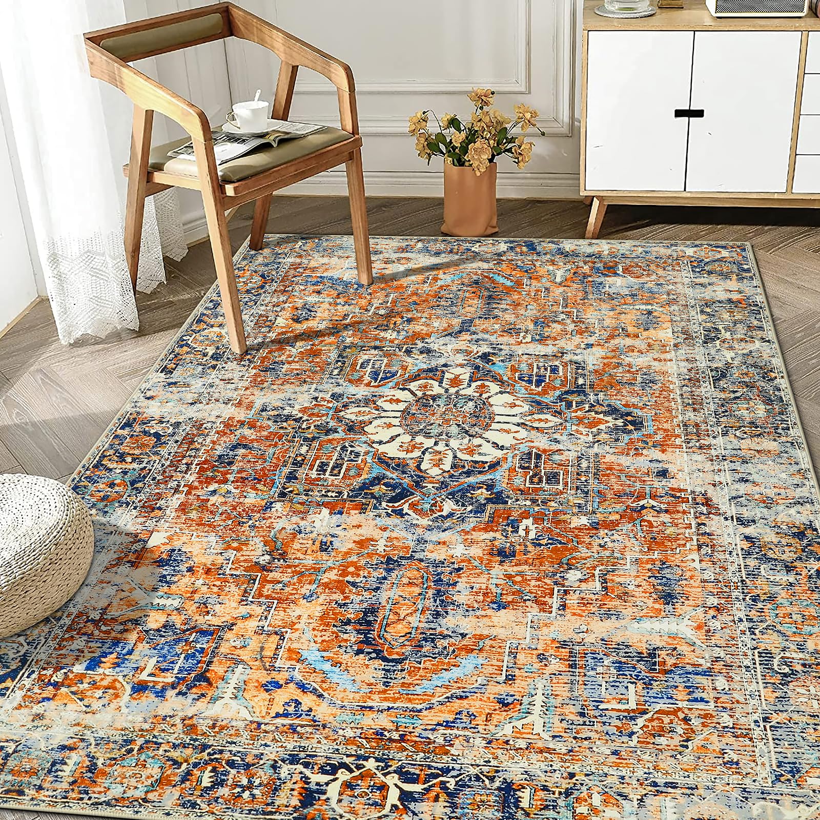 WONGS BEDDING Alfombra bohemia para salón, dormitorio, pelo corto, lavable, suave, antideslizante, diseño vintage, color naranja, 120 x 170 cm OEKO-TEX STANDARD 100