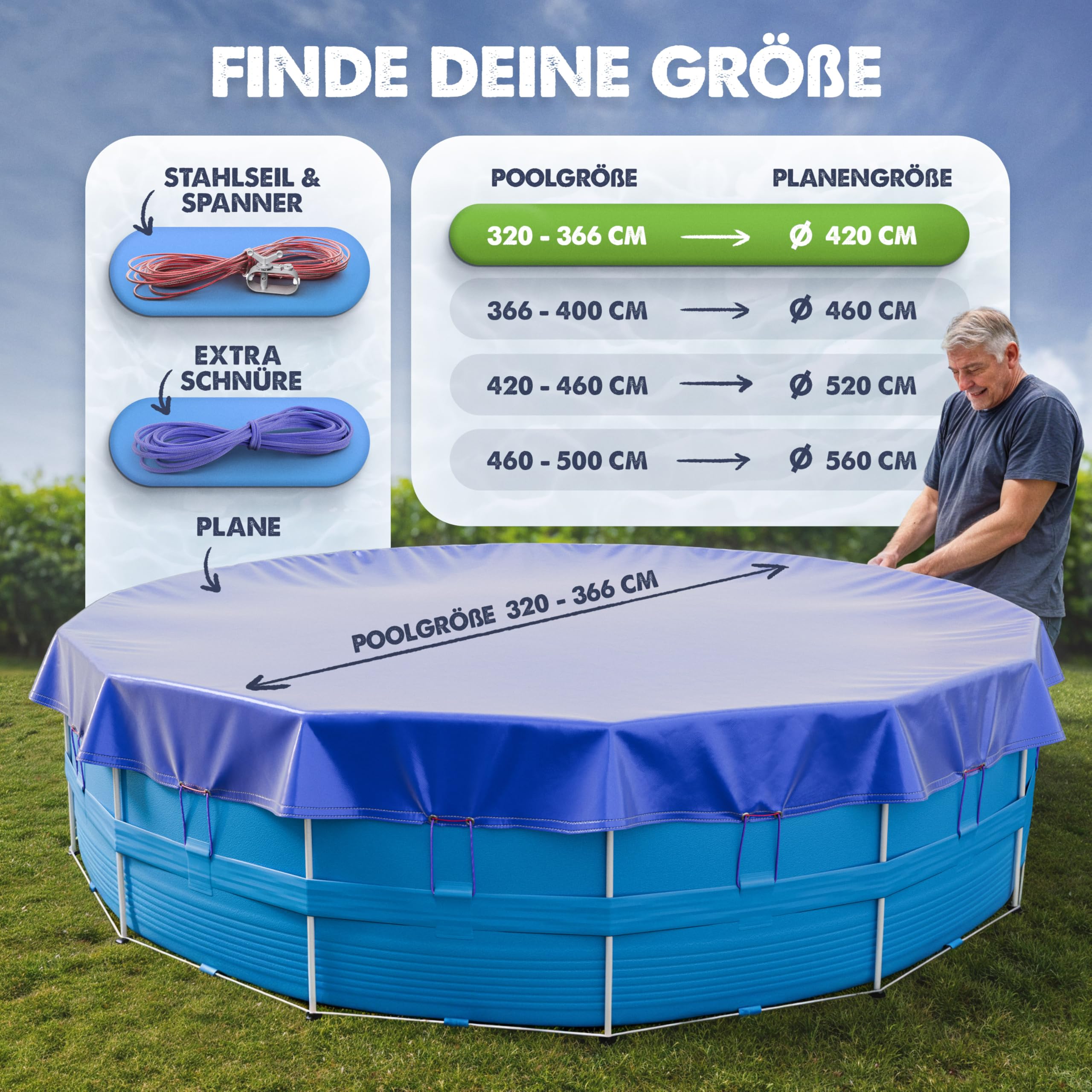 Poolabdeckung rund Ø 366 cm – Winterfeste Abdeckplane aus 200 GSM Material – Passend für Intex & Bestway Pools (Ø 420 cm Planenmaß)