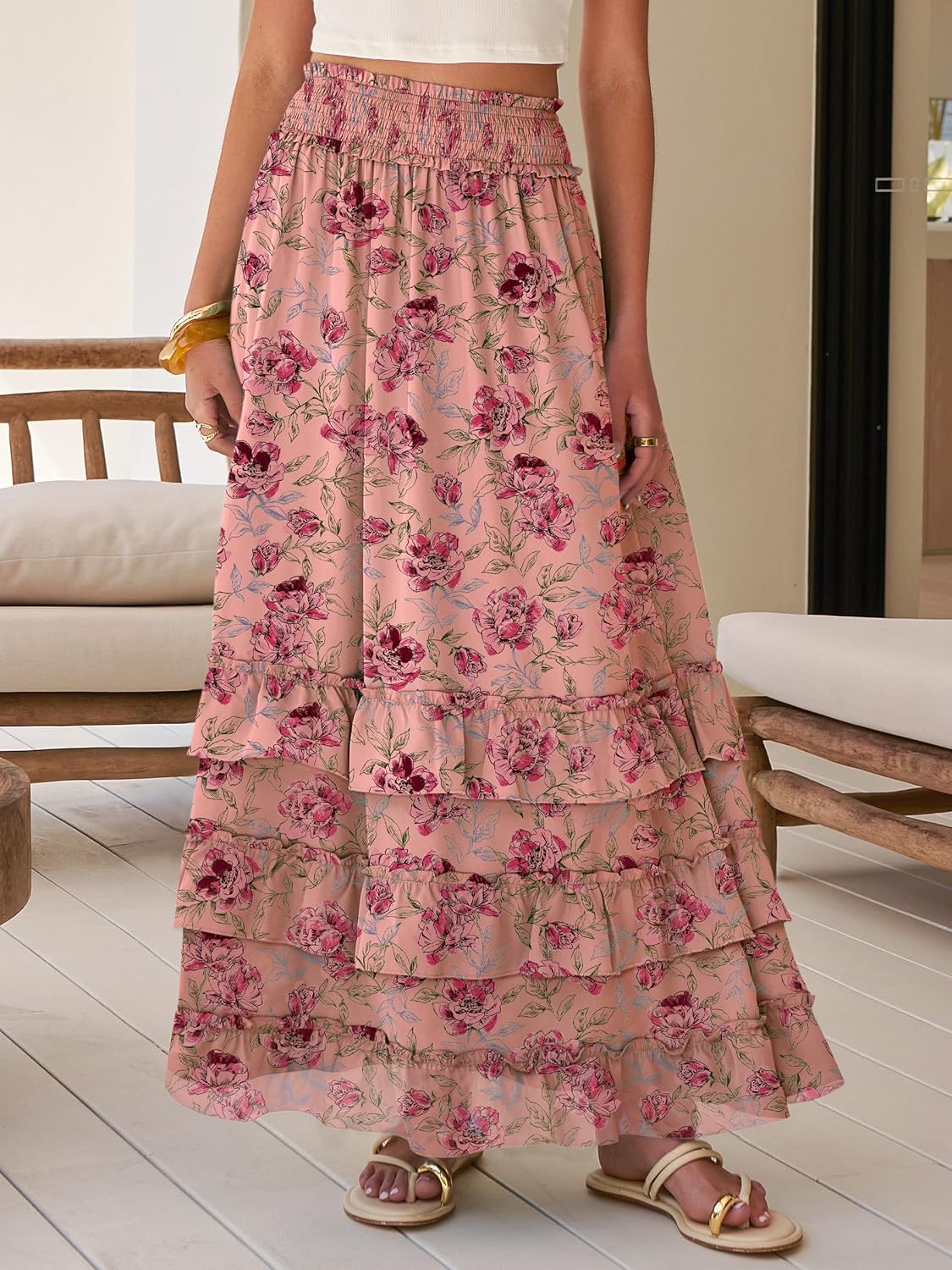 ANRABESS Maxi Skirts for Women Summer Boho Tiered Flowy Elastic High Waist Beach Long Skirt Casual Spring Vacation Outfits - Image 3