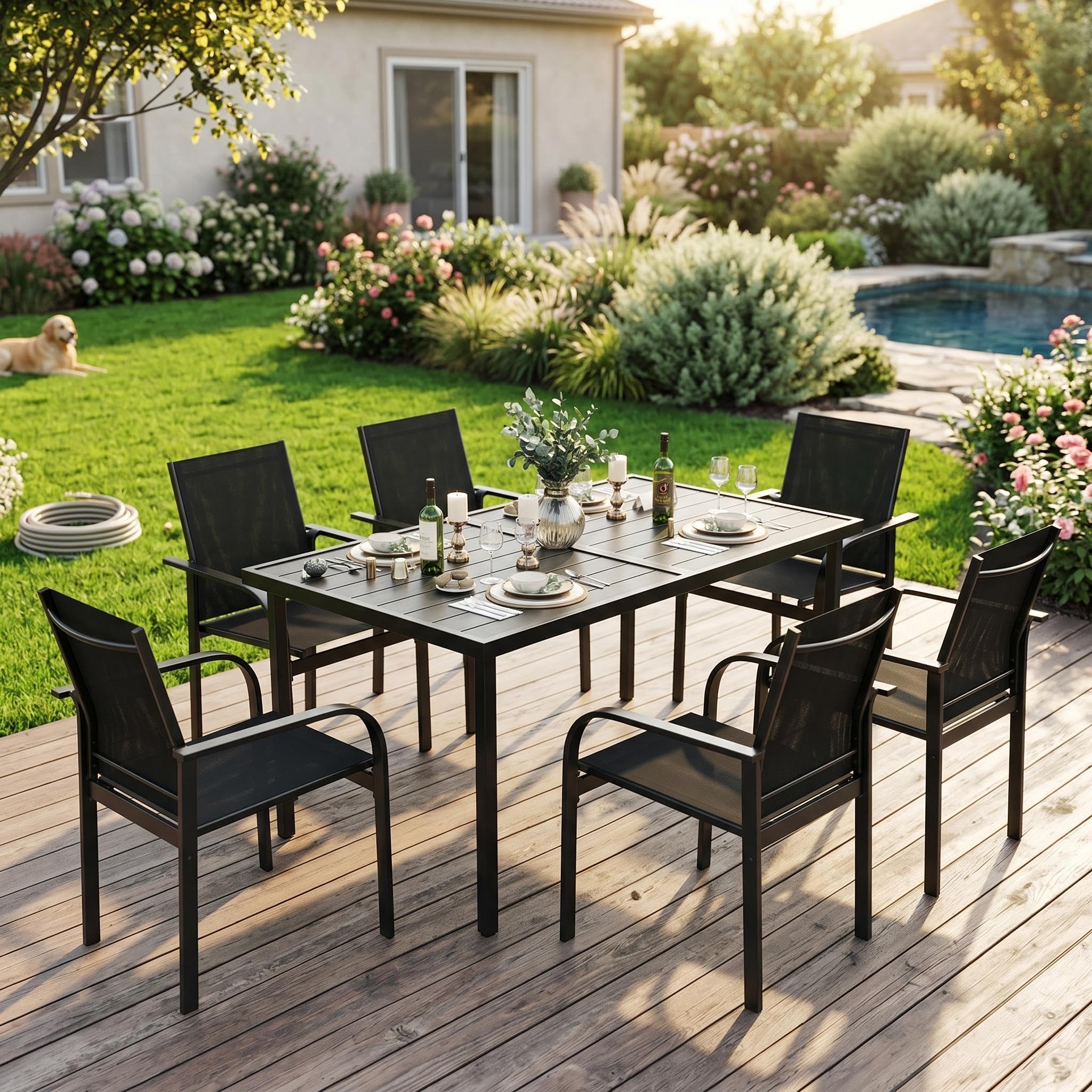 Photo 1 of *** Partial set***
Garvee 7 Piece Patio Dining Set, Outdoor Furniture with 55" Rectangular Iron Table & 6 Textilene Chairs, All Weather Wood-Grain Finish, Suitable for Backyard, Garden, Poolside