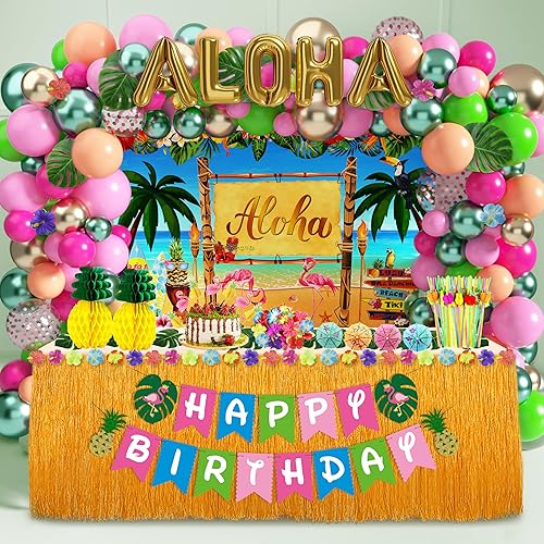 Miniatura 8 de Luau - Decoraciones para fiesta de cumpleaños, 323 piezas, suministros de fiesta hawaiana tropical Aloha para verano, playa, vacaciones, juego de