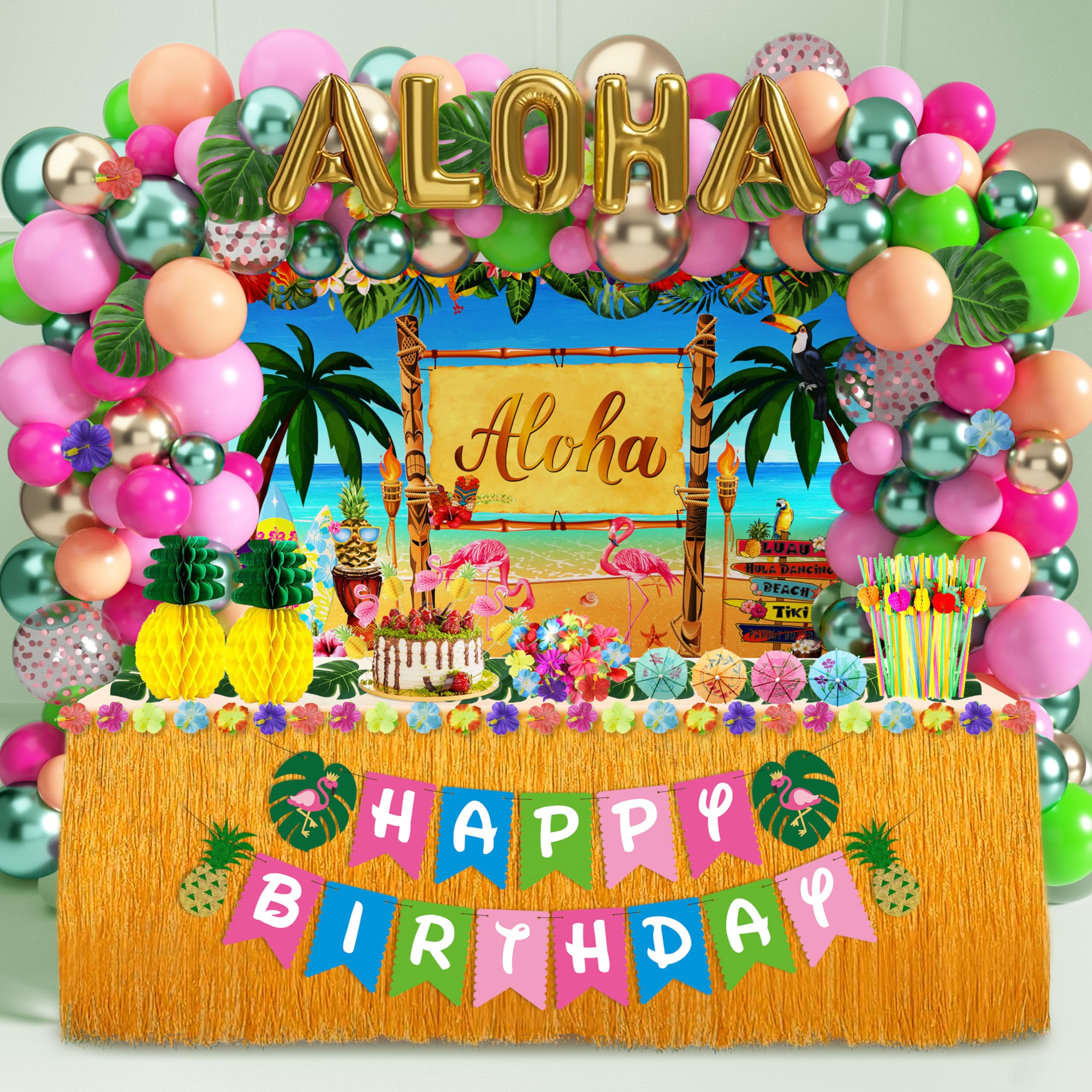 Luau Birthday Party Decorations Hawaiian Party Decorations 169 Pcs Tropical Aloha Party Supplies for Summer Beach Holiday Including Balloon Arch Kit