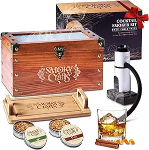 Old Fashioned Smoker Kit - Whiskey Smoker Kit with Smoking Gun, Cocktail Smoke Box, Food Tray and Wood Chips (Apple & Cherry) - Bourbon Gifts for Men (Torch Not Required)