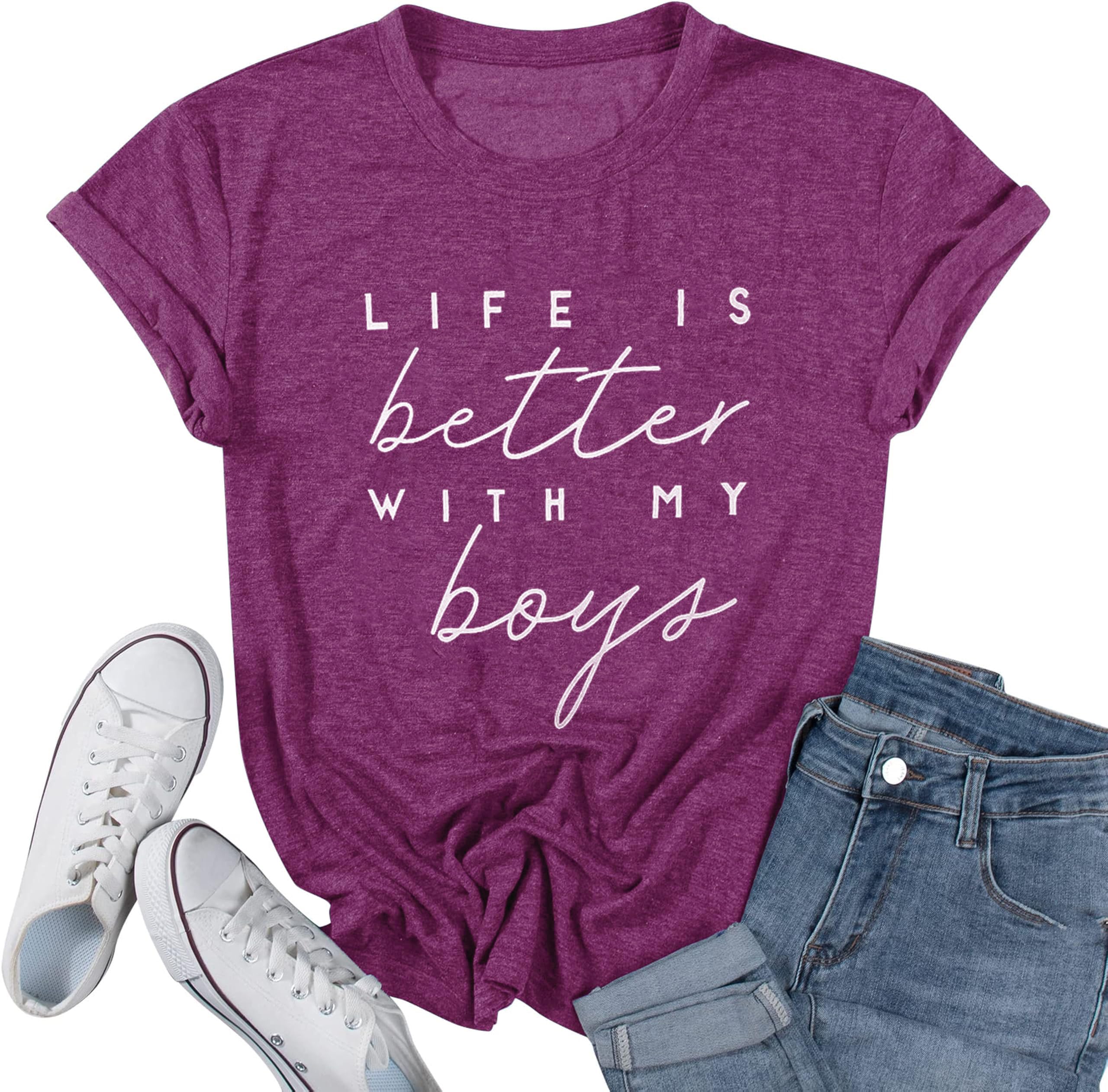 Life is Better with My Boys Women Funny Mom Gift Shirts Graphic Summer Short Athletic Casual Workout Tops