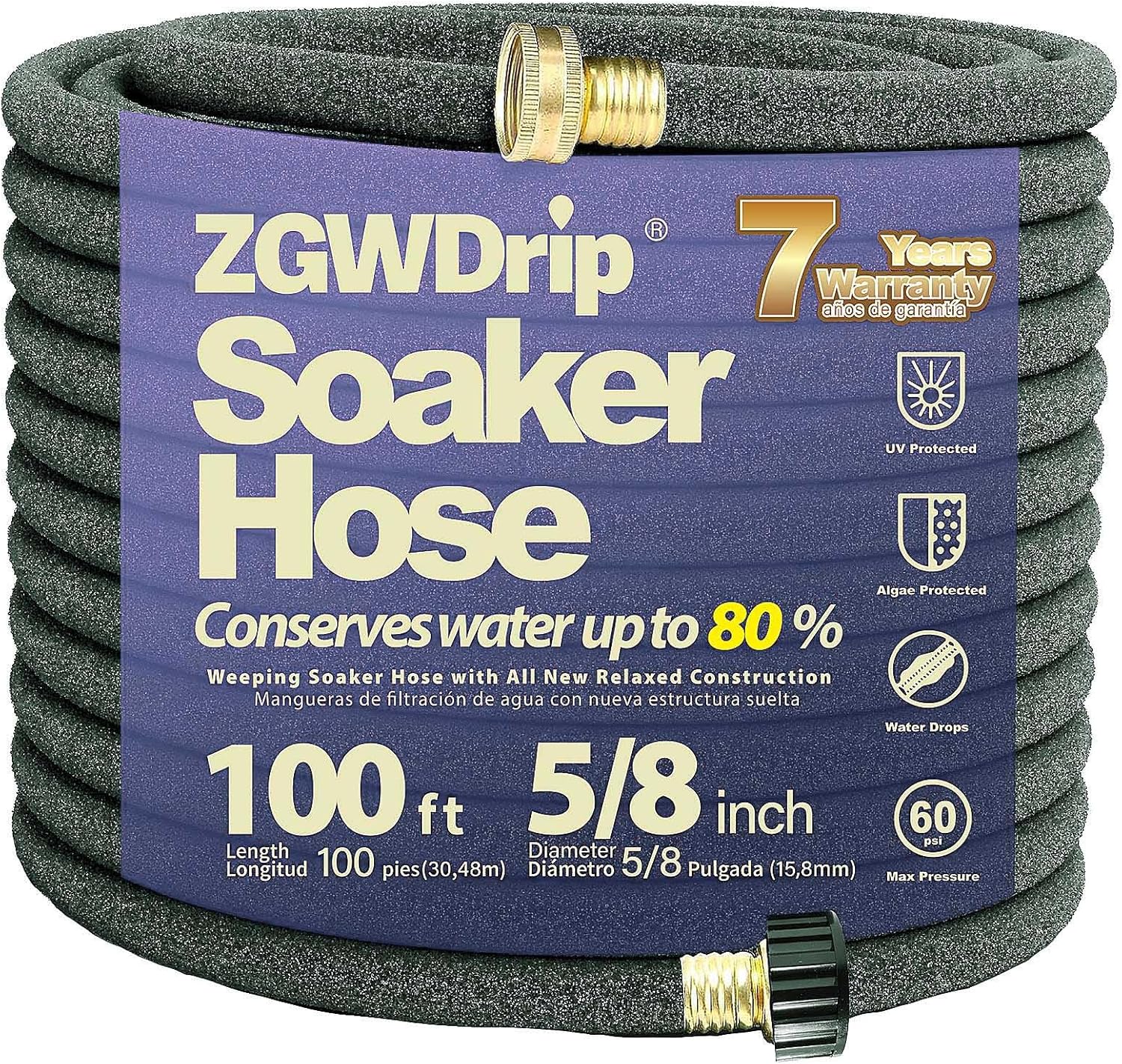100FT 5/8" Water-Saving Soaker Hose with Solid Brass Connectors, High-Flow Drip Irrigation for Lawn & Landscaping with Metal Staples
