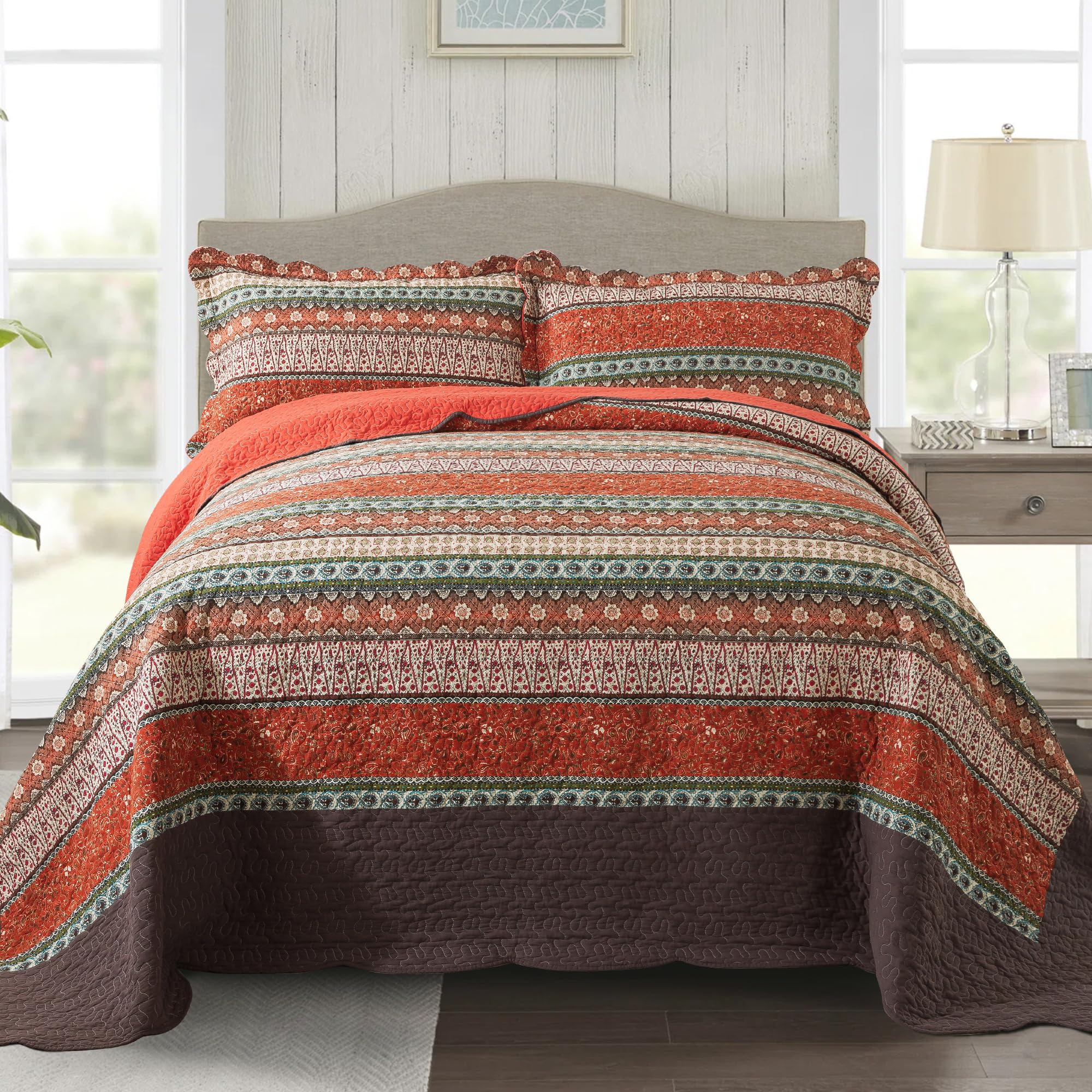 NEWLAKE Cotton Bedspread Quilt Sets - Reversible Patchwork Coverlet Set, Red Striped Jacquard Pattern, Oversized King Size