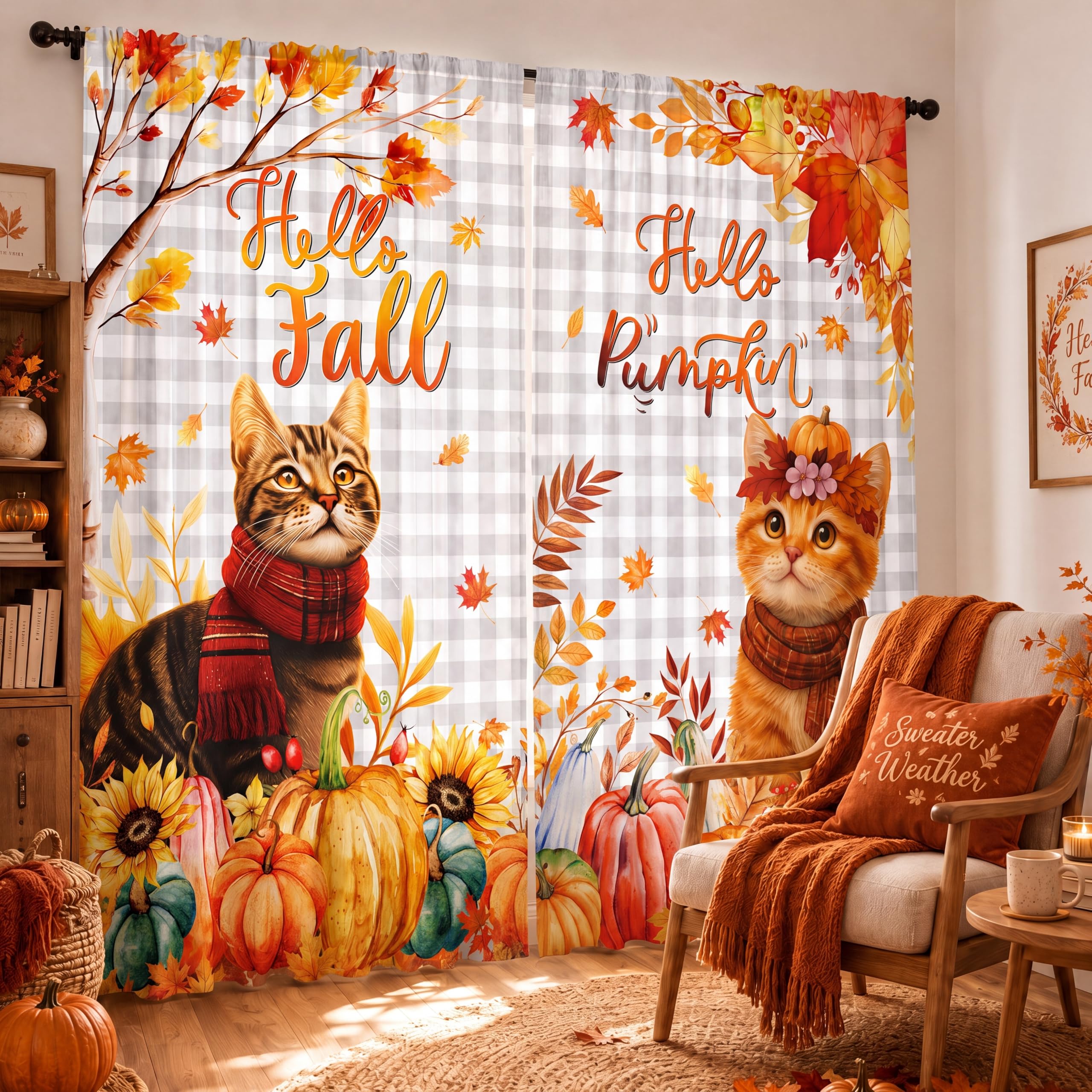 SmoothNovelty 2 Pcs Fall Curtains for Living Room Cat Maple Leaf Pumpkin