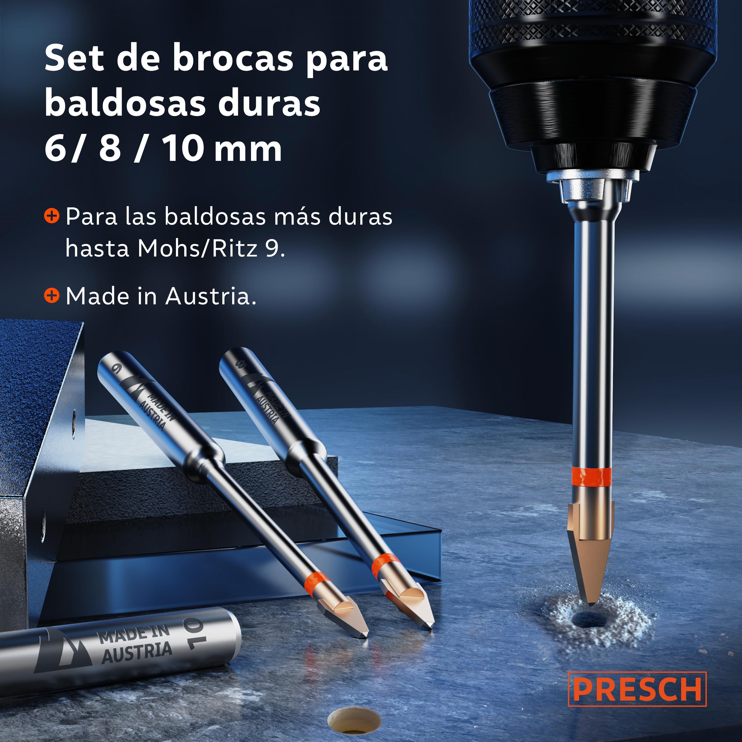 Presch Set de Brocas azulejos | ⌀ 6mm, 8mm, 10mm | Brocas especialmente para azulejos duros, cerámica, vidrio y porcelana | Incluidas en una caja