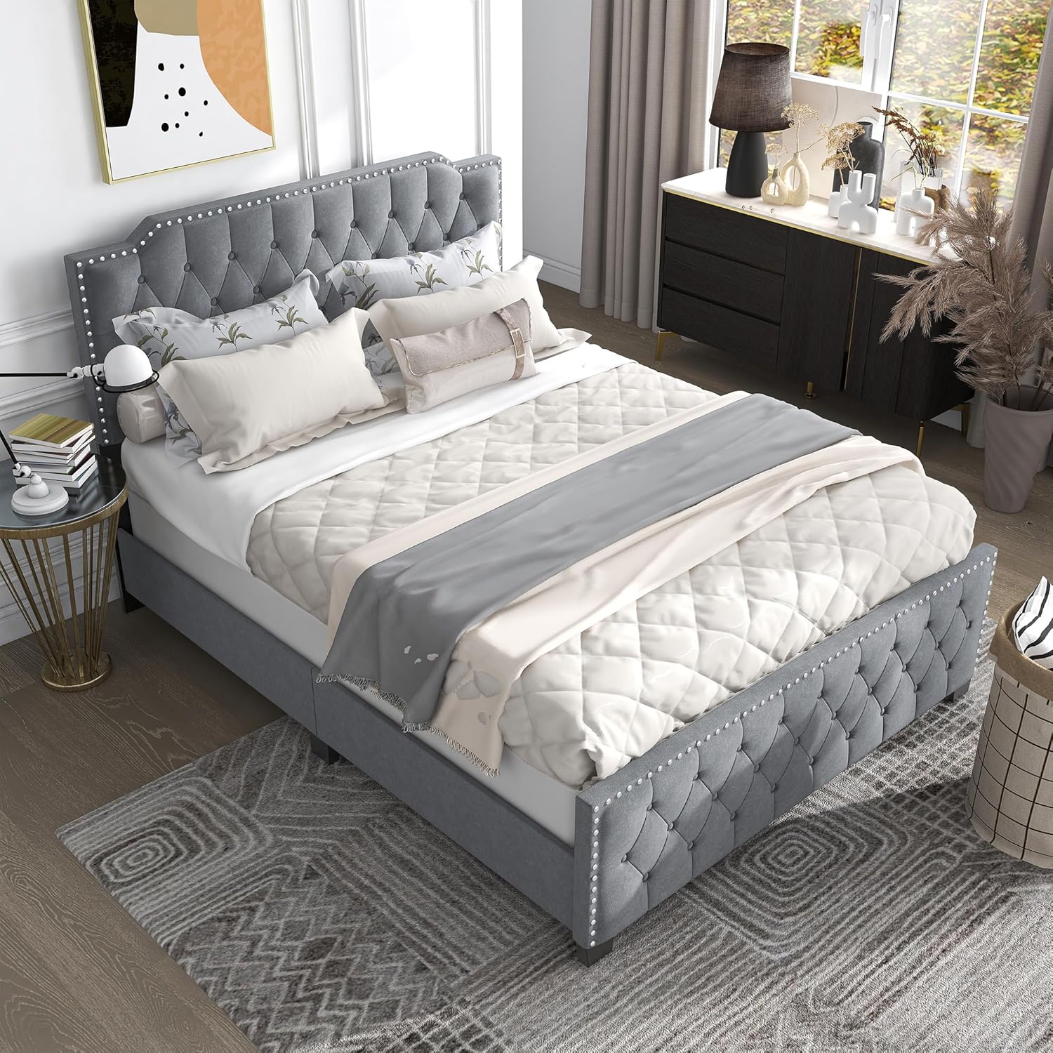 24/7 Shop at Home Geikeline Transitional Button Tufted Fabric Upholstered Bed with Nailhead Trim, Box Spring Required for Bedroom, Guest Room Bed, King-Size, Light Gray