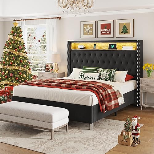 Jocisland King Size Bed Frame 53.2'' Tall Headboard LED Lights and Charging Station, Velvet High Upholstered Platform Bed Wingback Storage, No Box Spring Needed, Black
