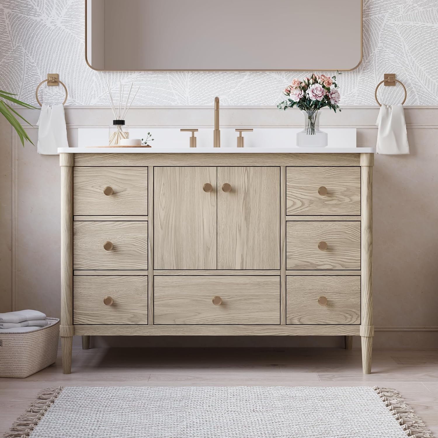 WELLFOR 48" Bathroom Vanity with Sink Combo Set W/ 2 Doors and 7 Drawers, Freestanding Solid Wood Barhroom Sink Vanity, Carrera White Marble Countertop, Bathroom Vanity Storage Organizer, Oak Wood