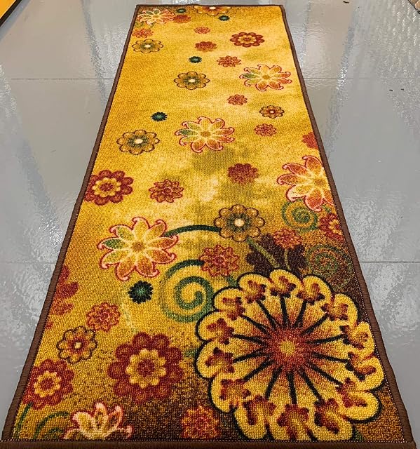 BuyElegant Morning Bloom Non Slip Polyester Area Rug Golden Floral 150 x 80 cm