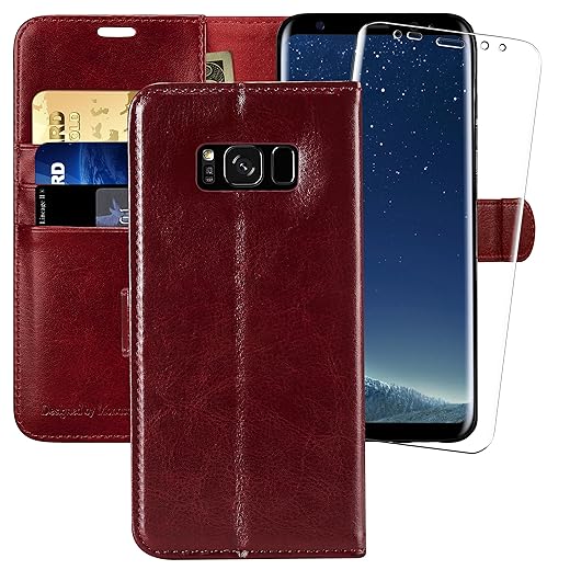 MONASAY Wallet Case Compatible for Galaxy S8, 5.8-inch, [Screen Protector Included][RFID Blocking] Flip Folio Leather Cell Phone Cover with Credit Card Holder, Brown
