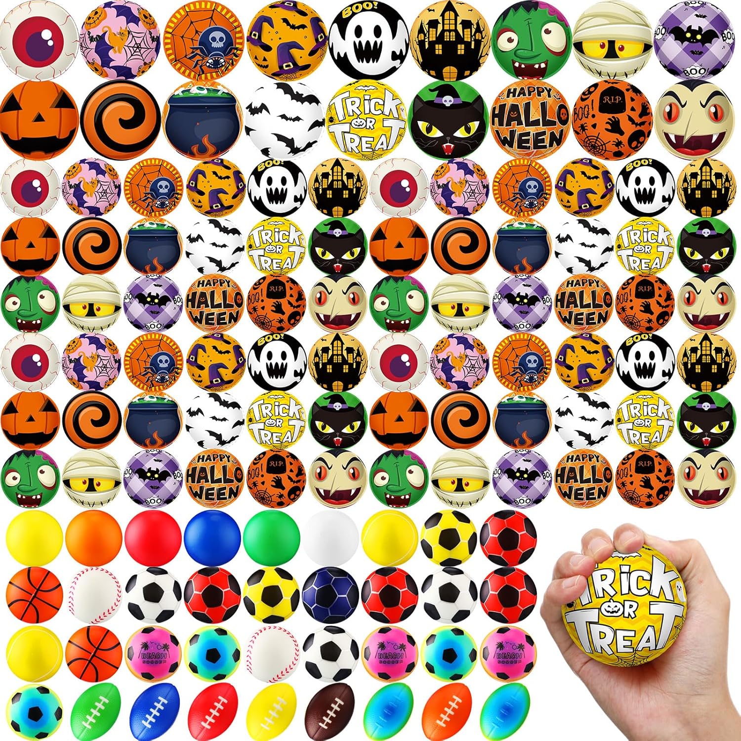 Meooeck 108 Pcs Halloween Mini Stress Balls Bulk 2.5'' Pumpkin Ghost Sport Squeeze Balls Stress Relief Sensory Fidget Foam Toy Basket Goodie Stuffers Gift for Halloween Party Favor Kids Adults Prizes