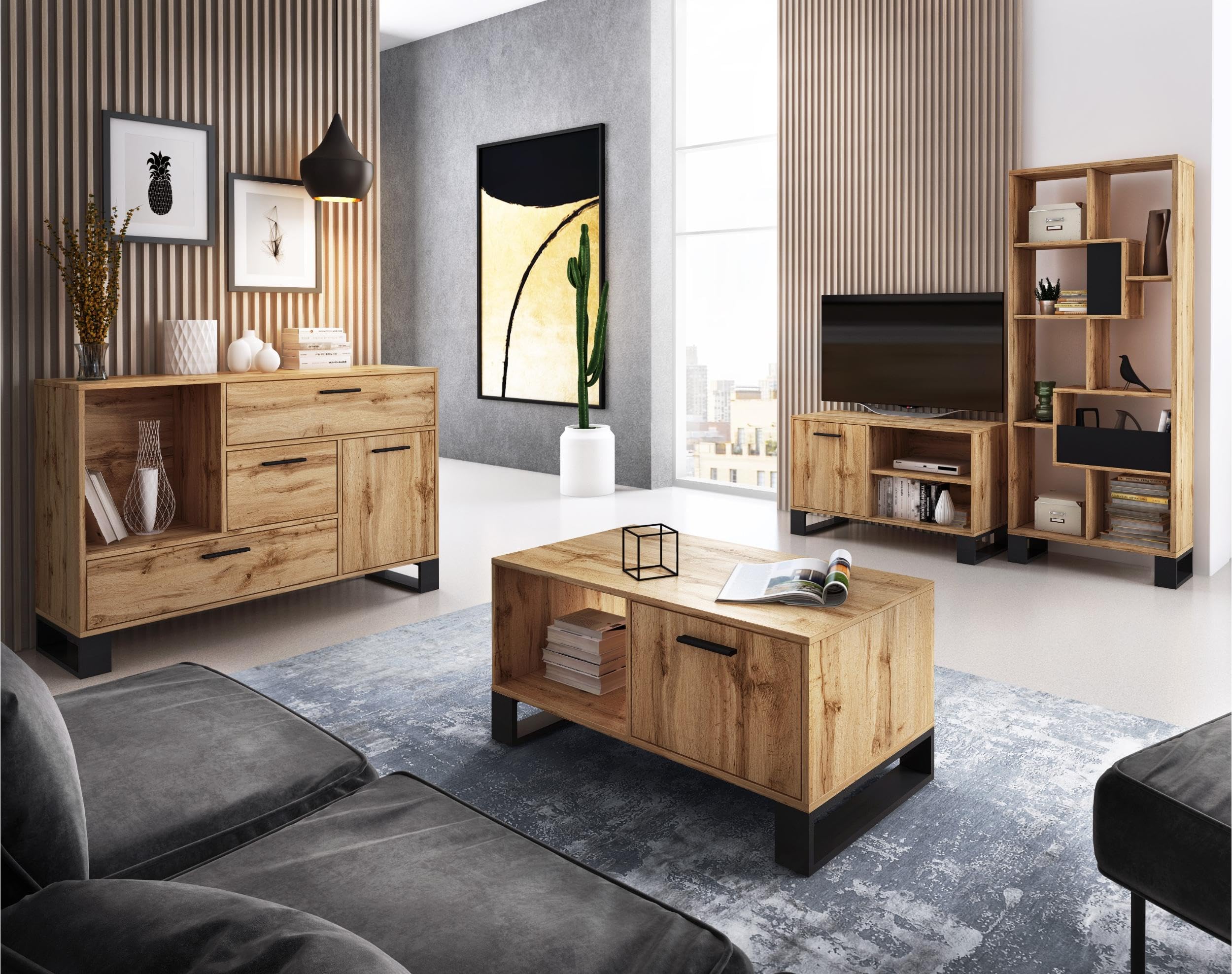 Skraut Home | Ensemble Buffet + Meuble TV + Table Basse pour Salon | Modèle Loft | Ensemble Salle à Manger | Structure Résistante | Montage Facile | Finition Rustique