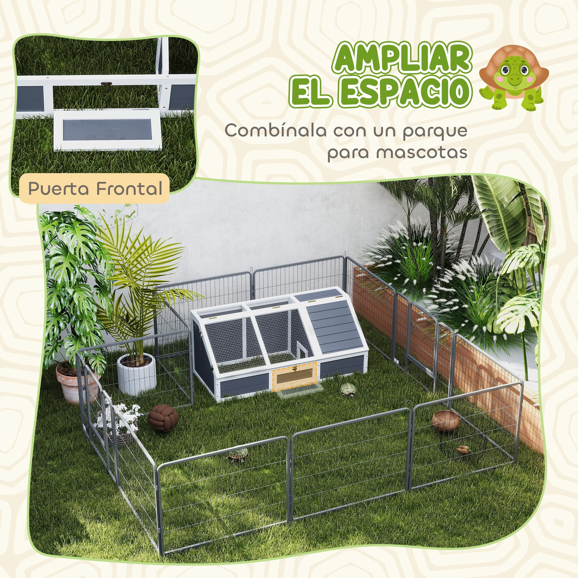 PawHut Casa para Tortugas de Madera, Terrario para Reptiles sin Base con Tapas Abatibles, Puerta Frontal Abrible y Pestillos de Seguridad, Caseta para Tortugas, 120x55x50 cm, Gris Claro