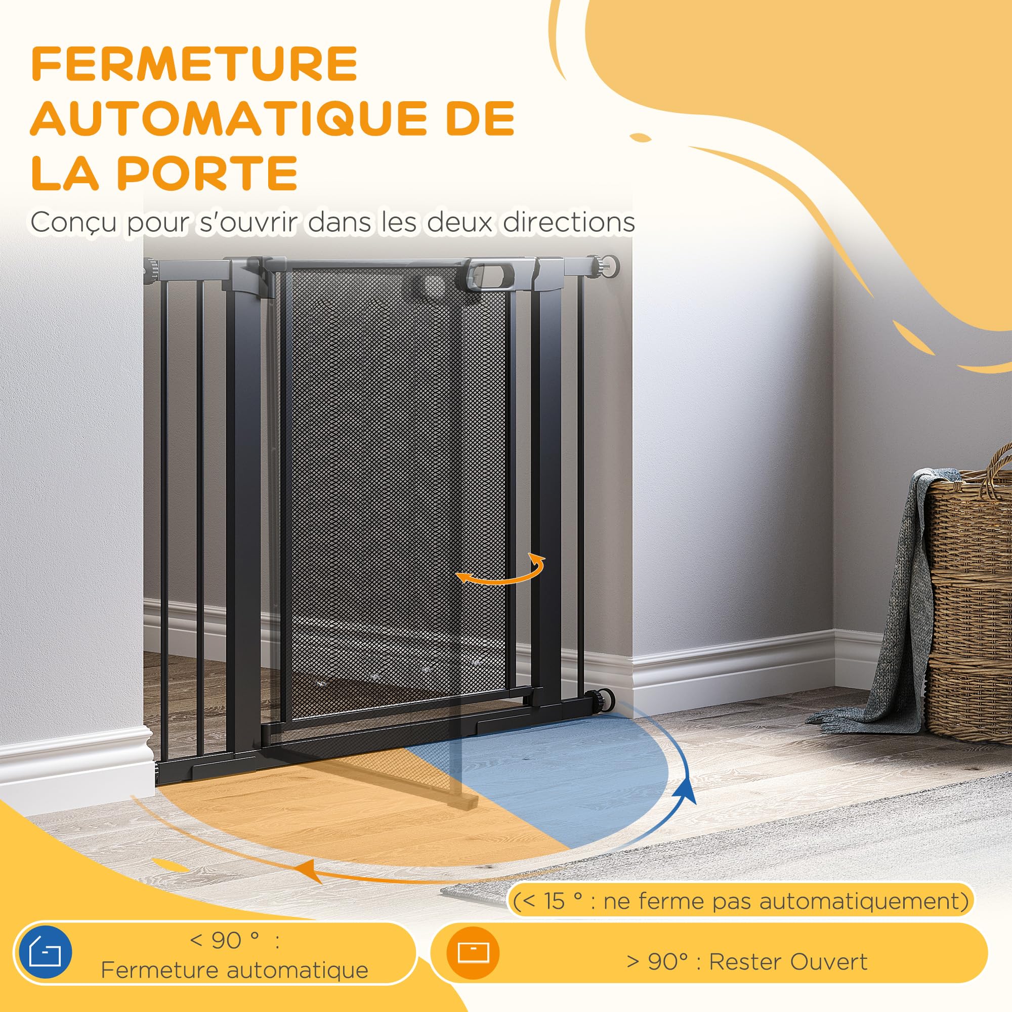 PawHut Barrière de sécurité pour Animaux Domestique avec Fermeture Automatique Double Verrouillage Largeur 75-103 cm Noir