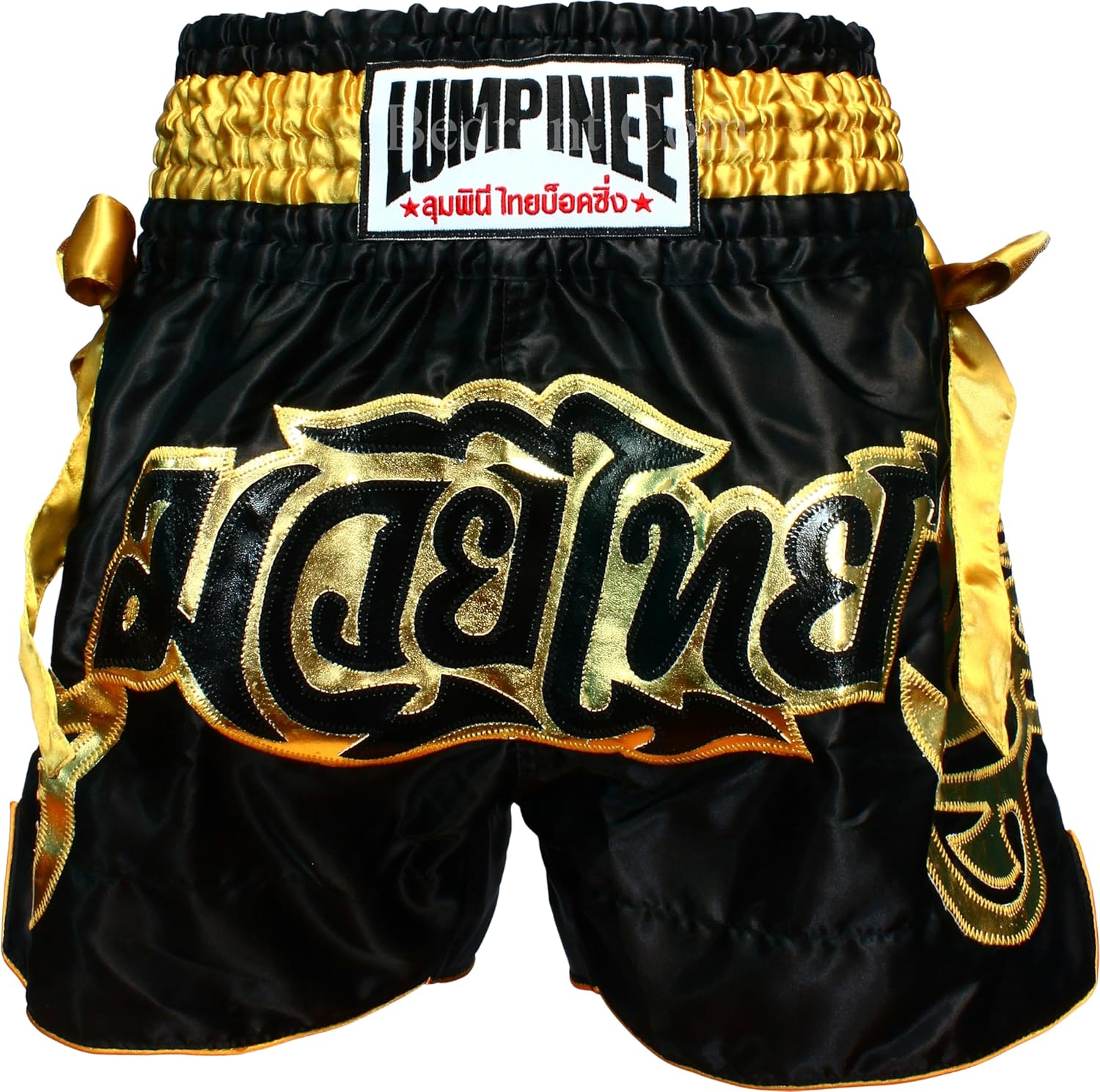 Thai Fight Shorts. Original Muay Thai Shorts for Kickboxing and Contact Sports. Model Muay Thai Black Golden Bow™