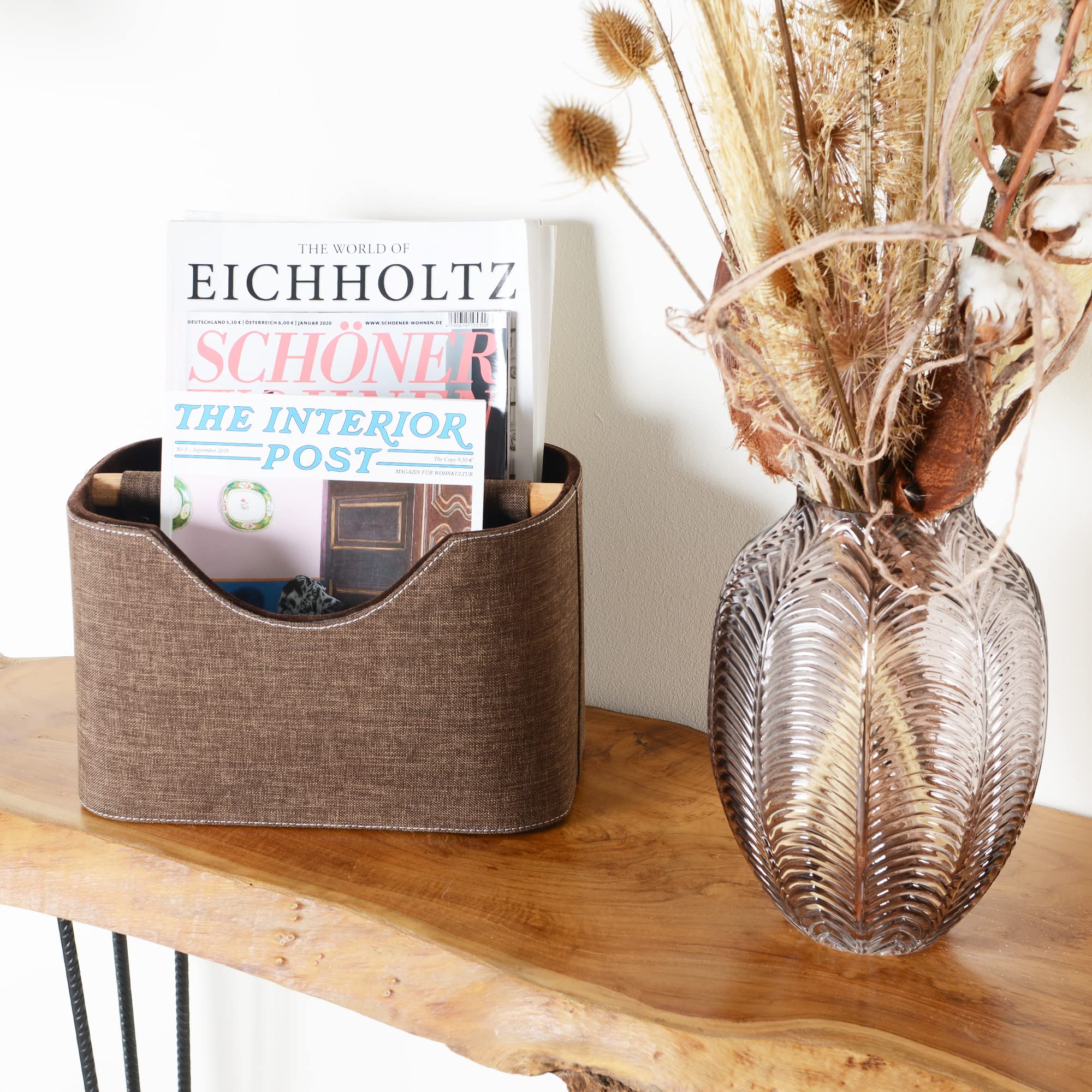 30 cm Stoff Zeitungshalter Holz Zeitschriftenständer Zeitungsständer Zeitschriftenhalter modern braun Aufbewahrung Dekoration