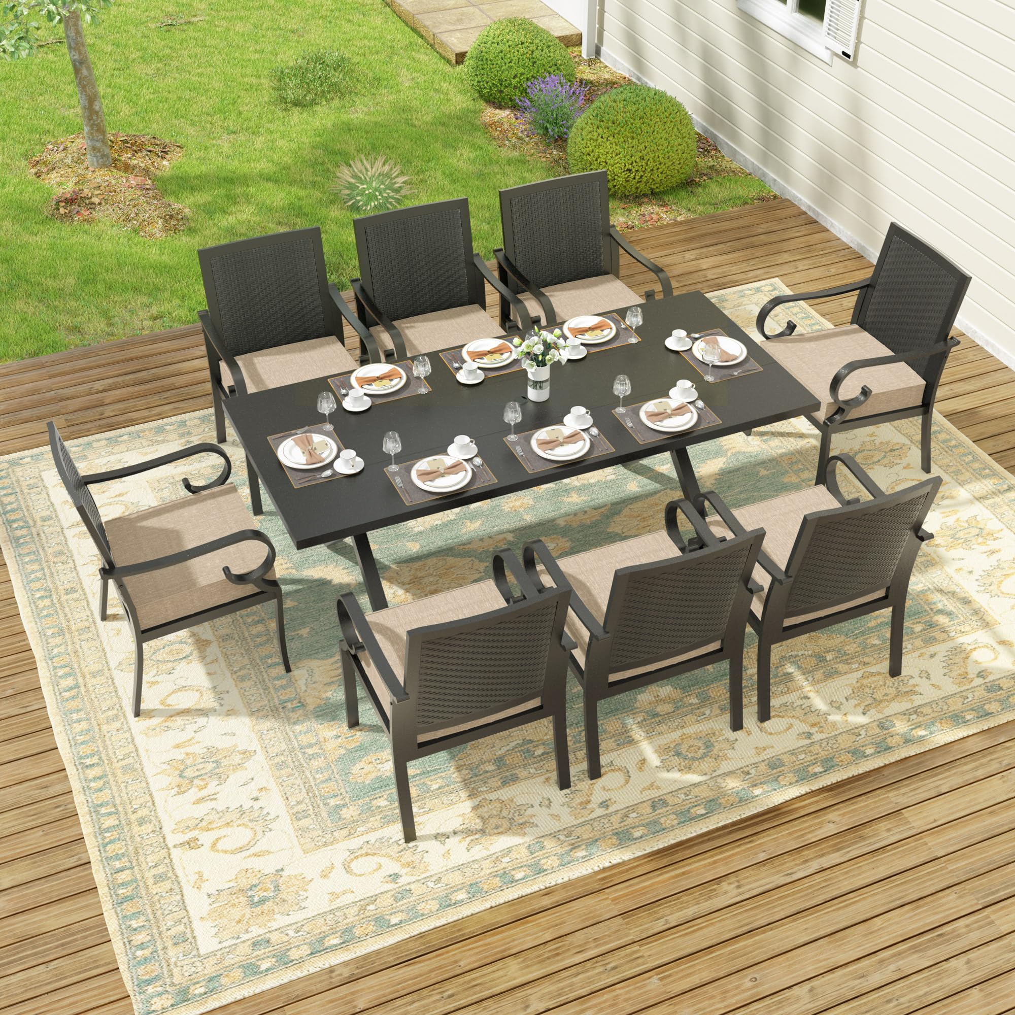 Kullavik 9 Pieces Dining Sets for 8,Rattan Wicker Chairs & Large Iron Longboard X-Leg Table W/Parasol Hole,Outdoor & Indoor Patio Dinging Set for Patio,Backyard,Garden,Poolside-Sand