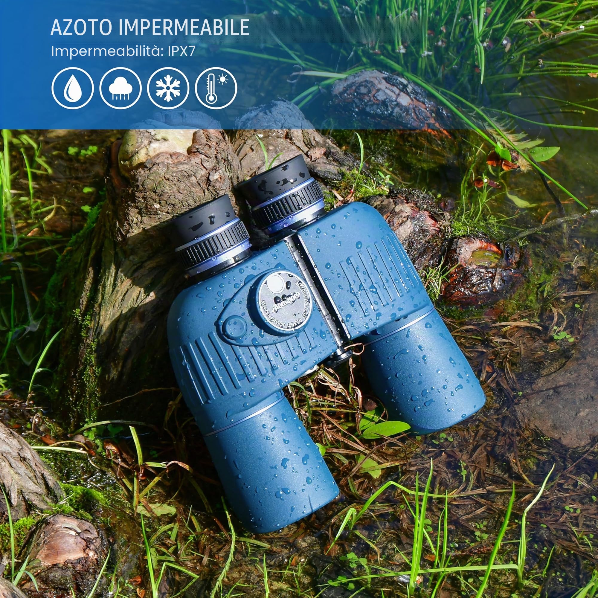 Aomekie Binocolo Marino 10x50 con Bussola Illuminata e Telemetro, Binocolo Professionale Lungo Raggio, Impermeabile IPX7 e Galleggiante, Ideale per Navigazione, Pesca e Sport Acquatici