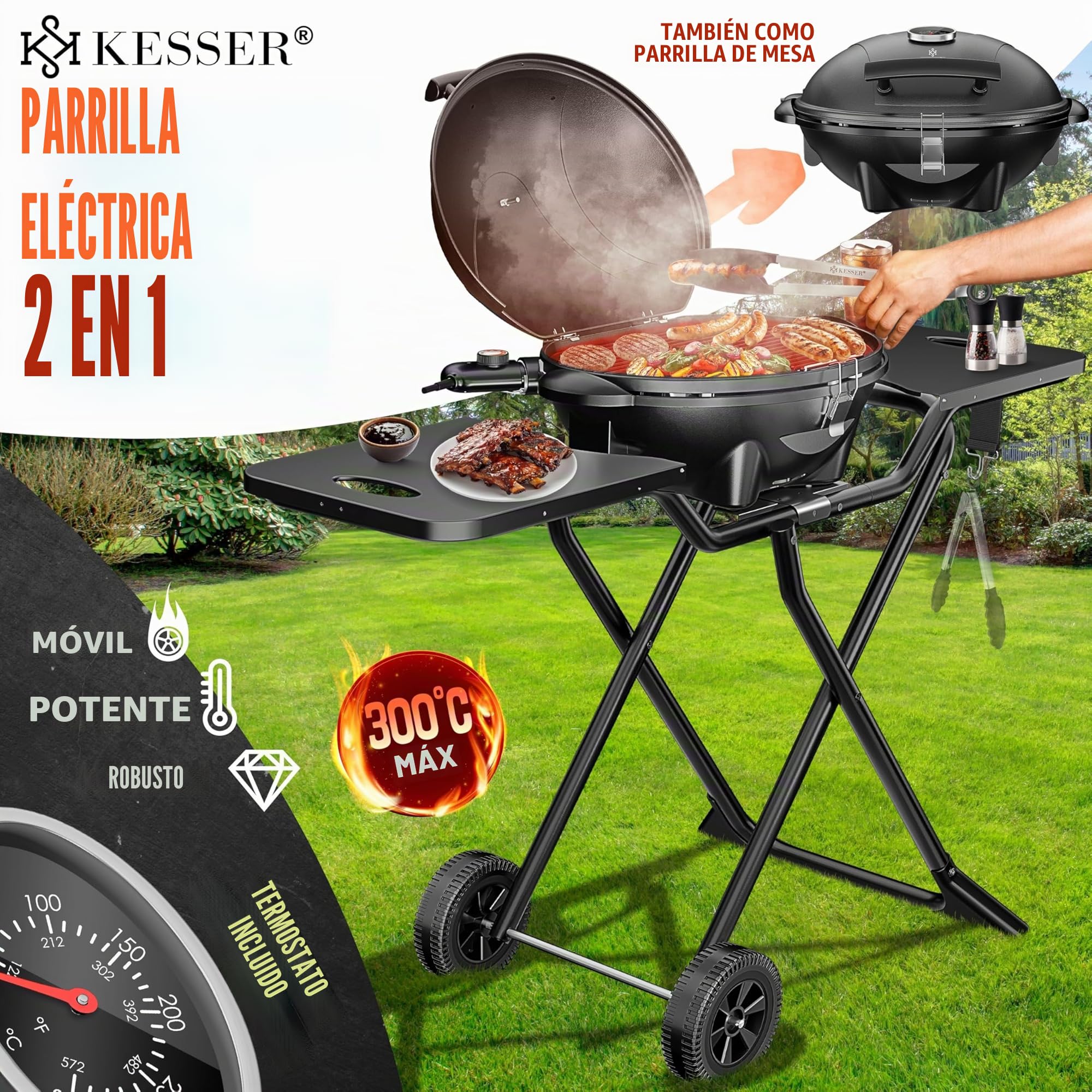 KESSER® Barbacoa eléctrica 2 en 1 – Parrilla eléctrica de pie con tapa y soporte, máx. 2400 W, plegable, termómetro, revestimiento antiadherente, 2 ruedas, color negro