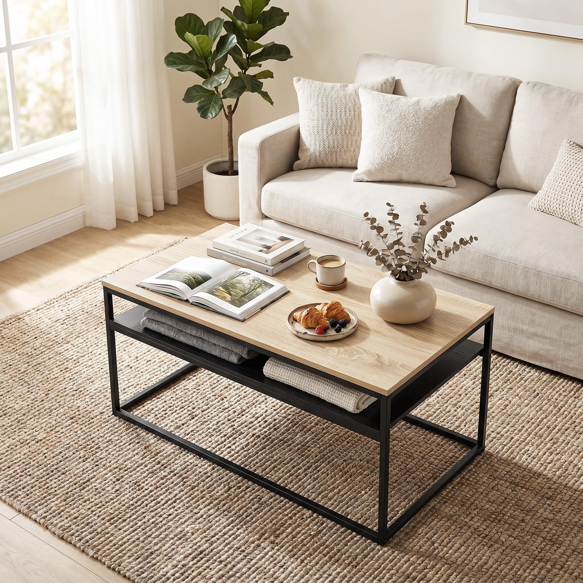 HOMCOM Couchtisch Wohnzimmertisch mit Ablage, Moderner Kaffeetisch im Industrial Design, Beistelltisch mit Metallrahmen Sofatisch für Wohnzimmer, Schlafzimmer, 100 x 59,8 x 47 cm, Eiche