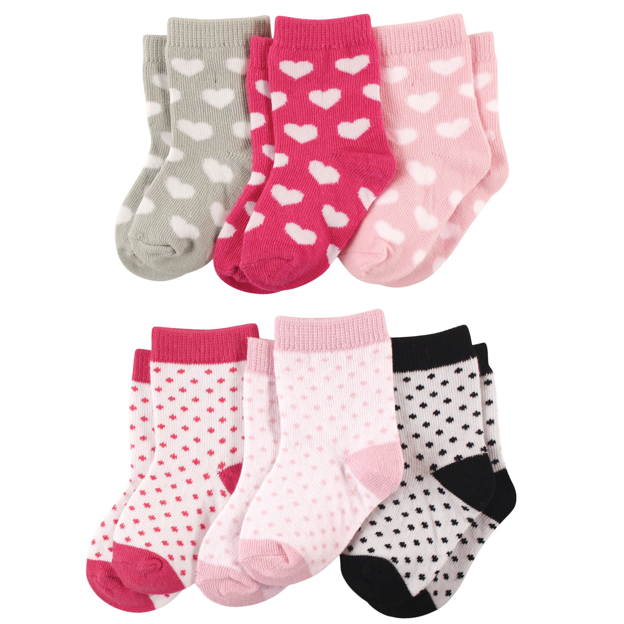Luvable Friends Baby Crew Socks 6-Pack, Hearts/Dots, 12-24 Months