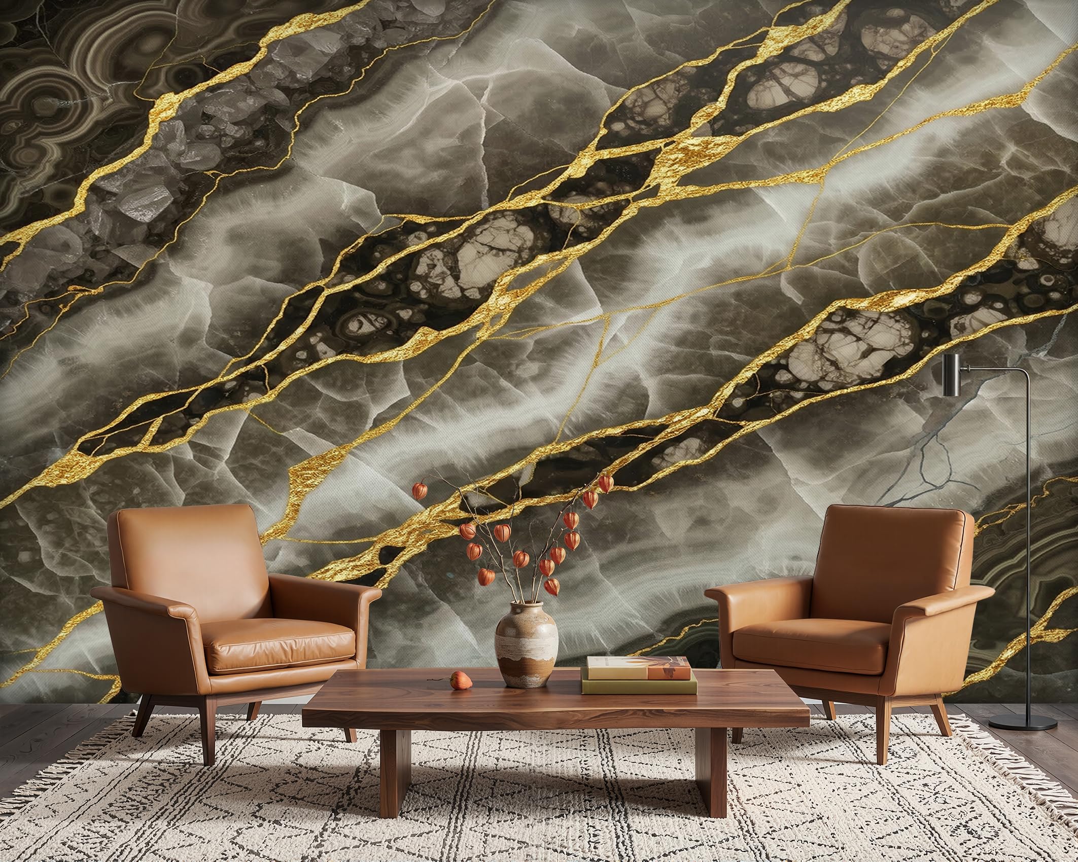 PaxGloz Taupe Marble Wall Mural, Taupe and Gold Wallpaper for Living Room & Bedroom, Non-Woven Decorative Wall Art 200x140 cm