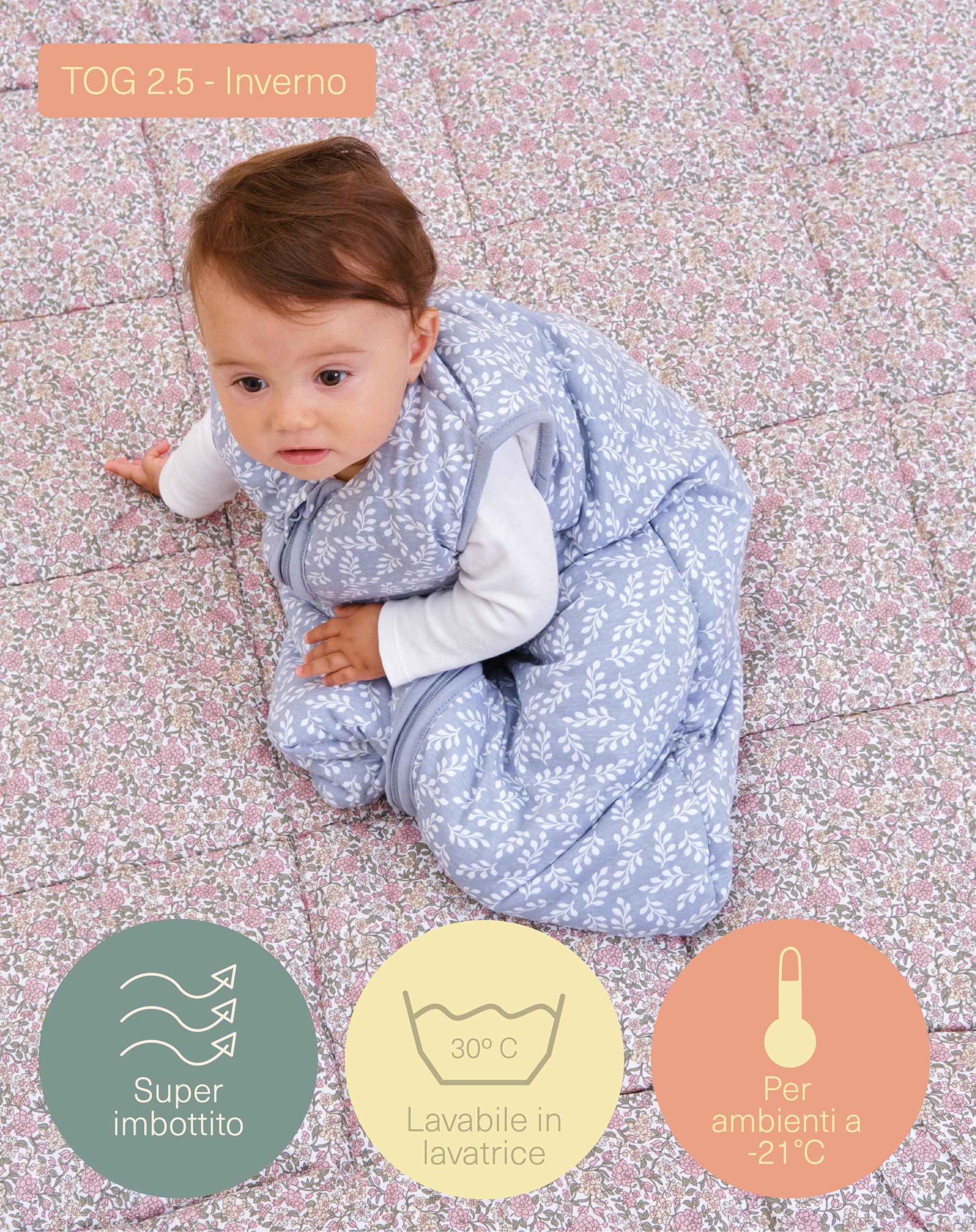 molis&co - Sacco Nanna - Sacco nanna invernale per Neonati e Bambini - Sacchi Nanna 2.5 tog - 100% Cotone (Oeko-TEX 100) - Blue Garden (6 a 18 mesi)