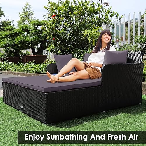 Miniatura 5 de COSTWAY Sofá cama de ratán para patio al aire libre, sofá biplaza acolchado de esponja con 4 almohadas, muebles de mimbre para balcón, patio (gris)