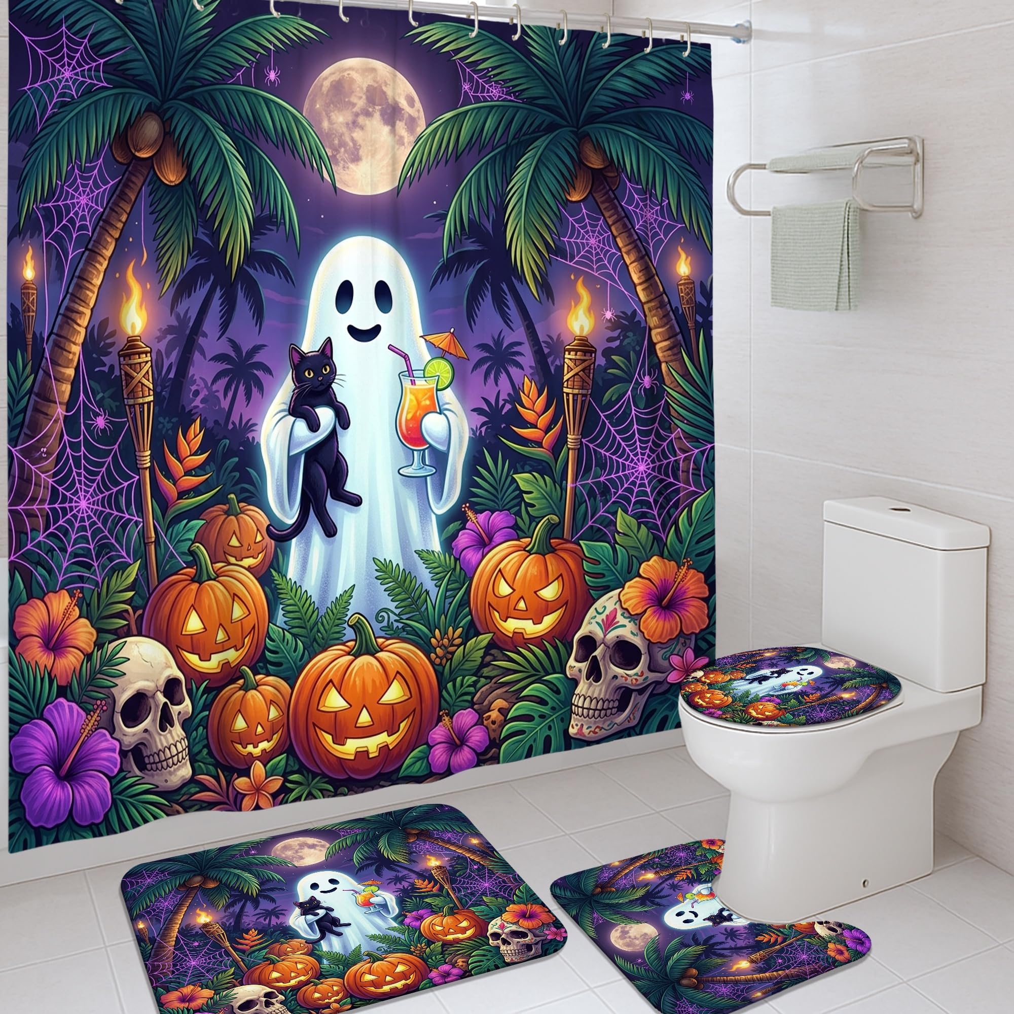 Rideau de douche Halloween polyester imperméable rideau de douche et tapis mauve